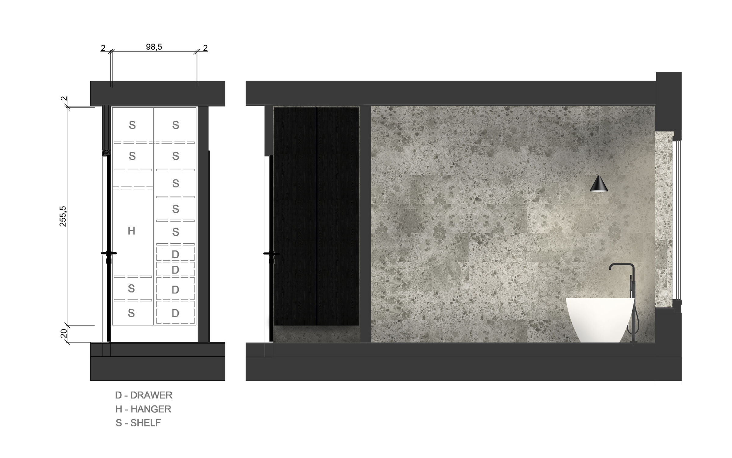 Bathroom section, floating carpentry and minimal but dramatic light