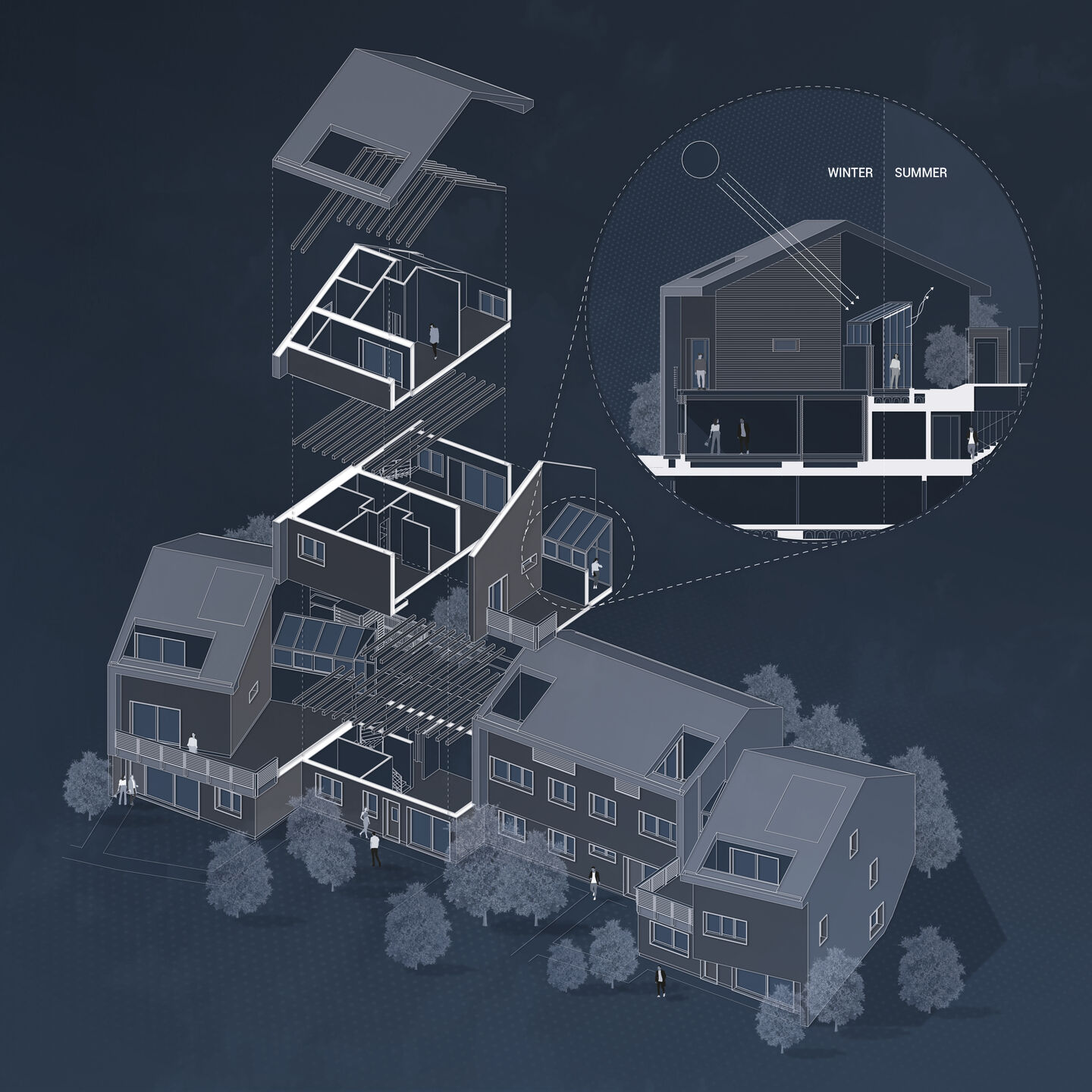 Exploded axonometric view showing the function of the solar greenhouses