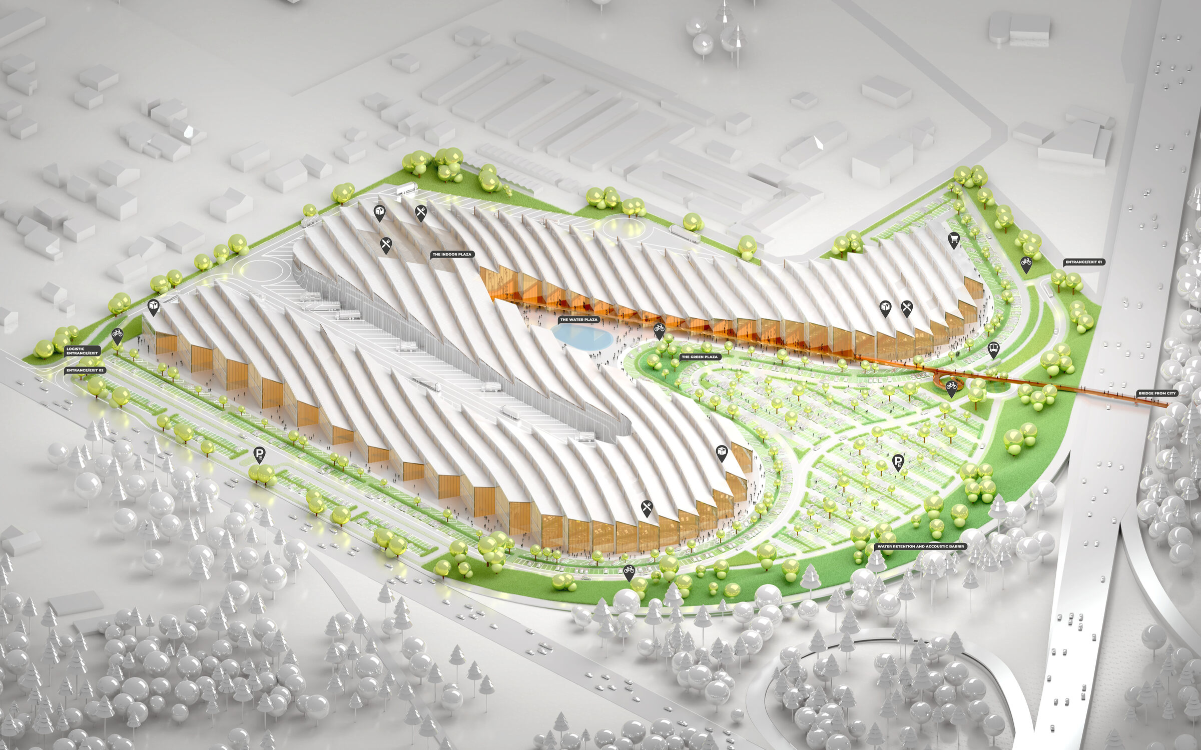The architectural design reinterprets the standard warehouse section into a new contemporary roof motif