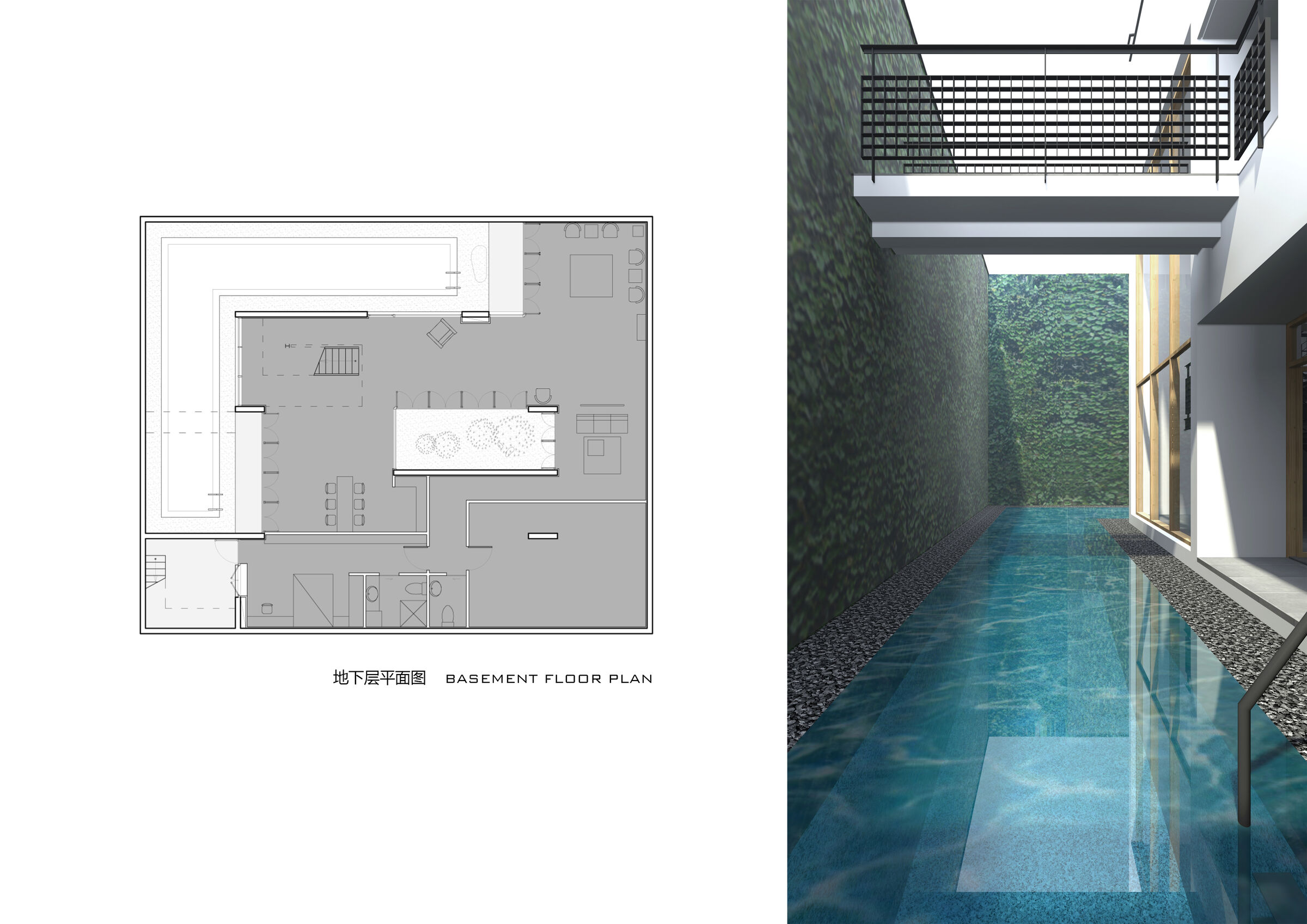 “L” shaped swimming pool on the basement floor