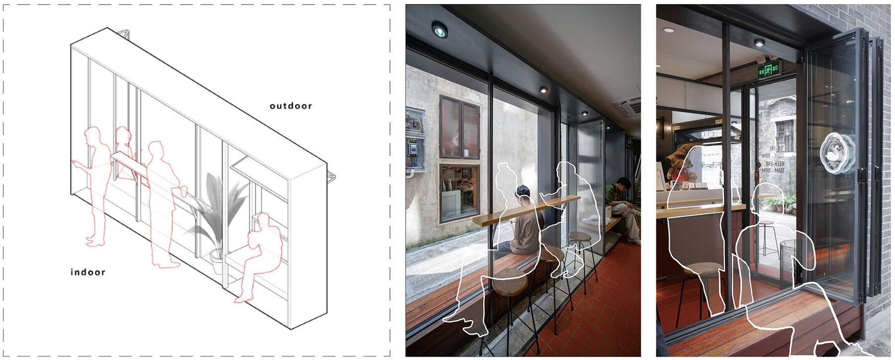Different postures of internal and external seating arrangements are formed within the large windows
