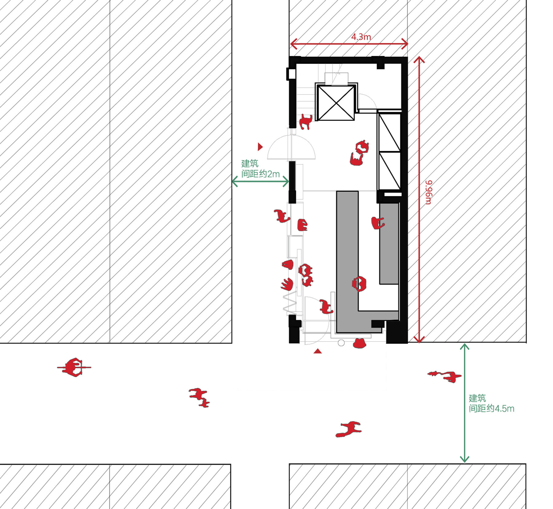 Plan analysis diagram Indoor space “extends” towards outdoor streets and alleys