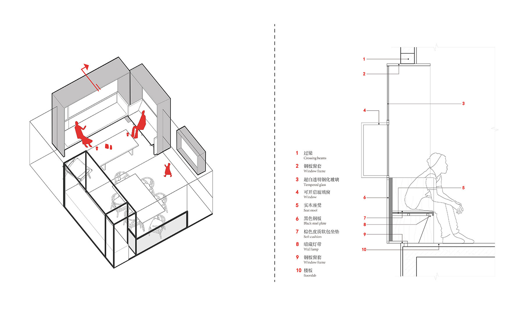 Axonometric drawing of the third-floor space and detailed drawing of the window construction