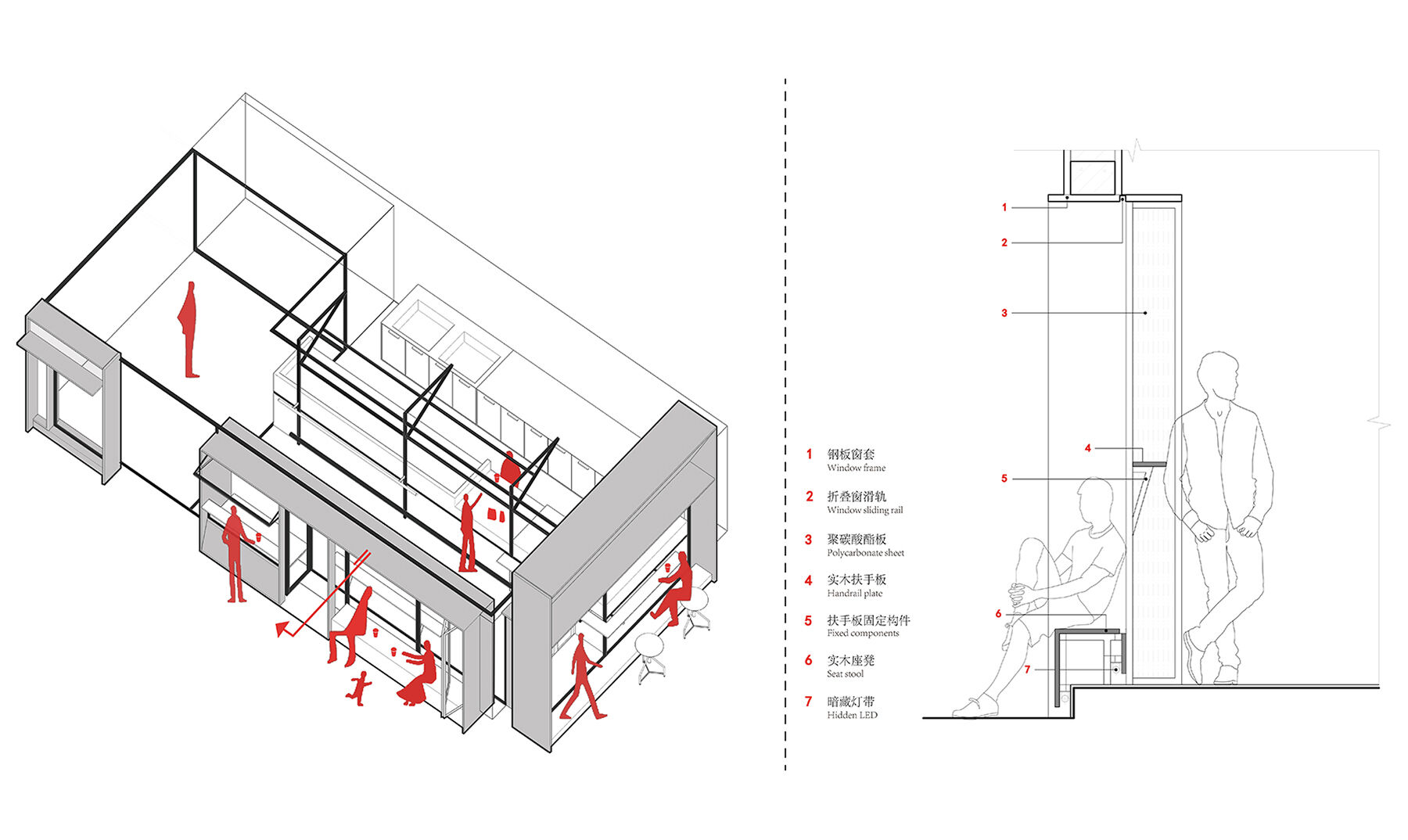 Axonometric drawing of the third-floor space and detailed drawing of the window construction