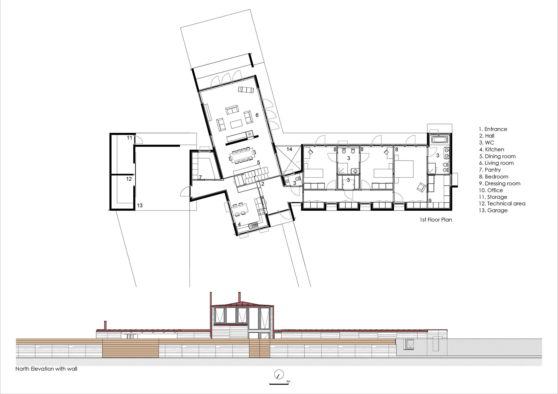 1 st floor plan and North elevation