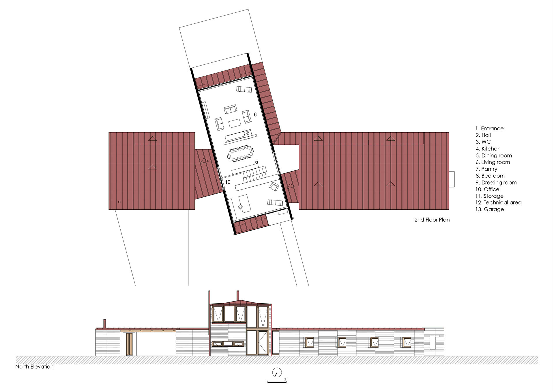 2 nd floor plan and North elevation