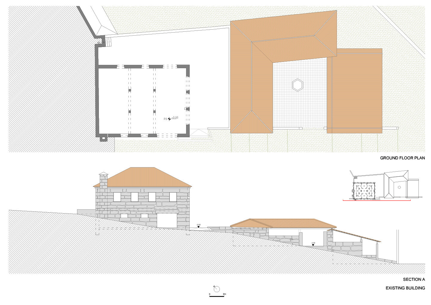 Ground floor plan and section A