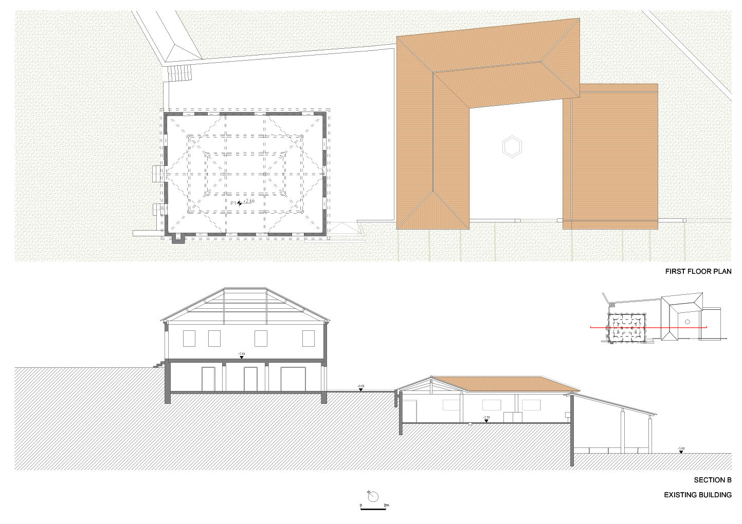 First floor plan  and section B