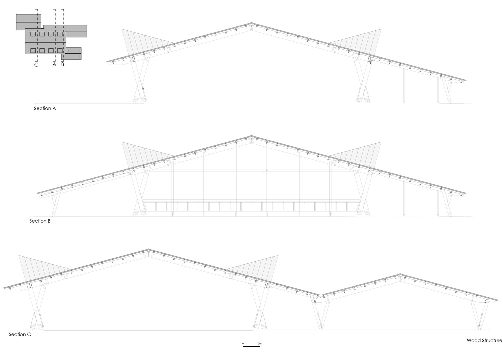 Wood structure - sections, A, B, C
