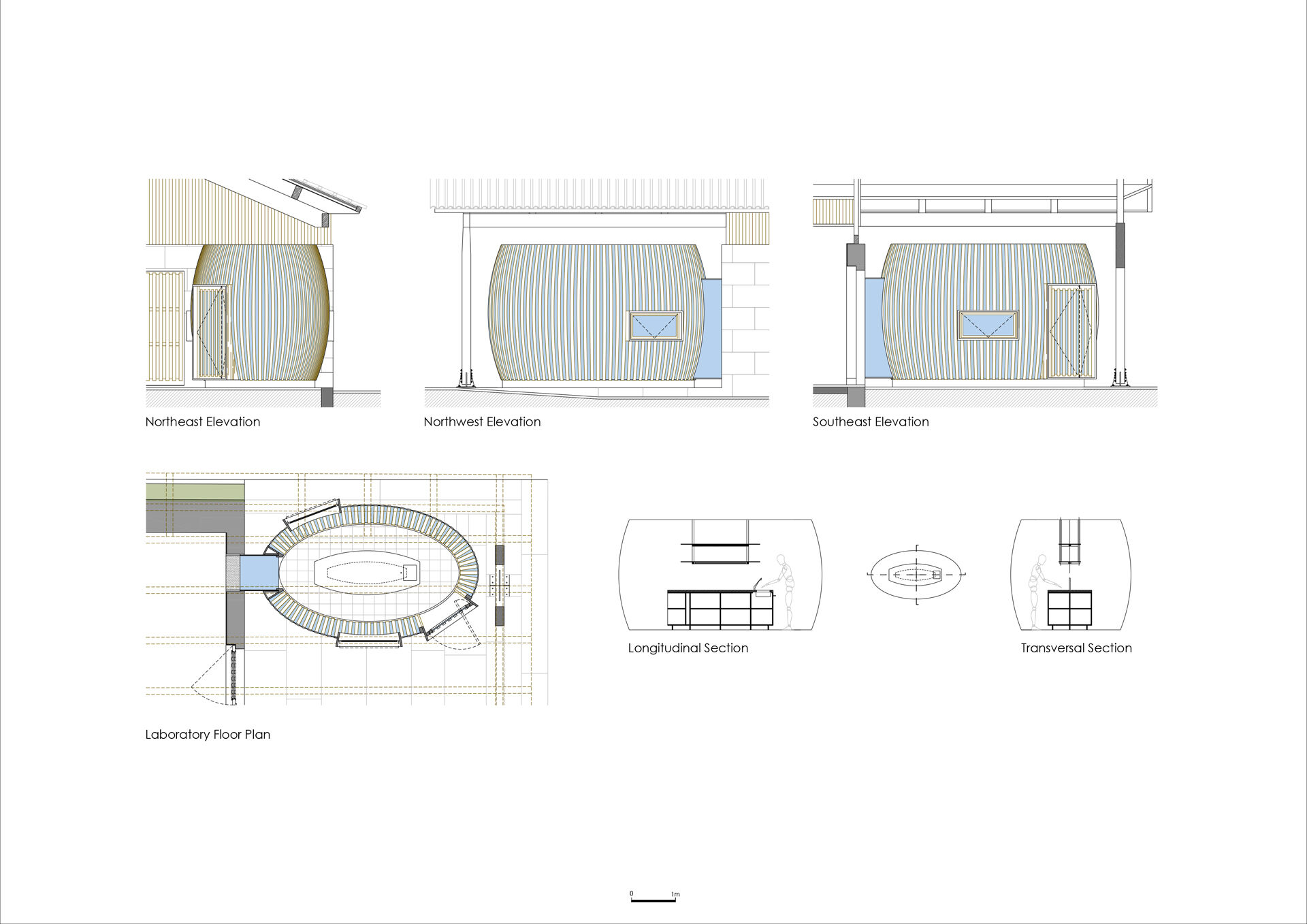 Elevations, sections, laboratory floor plan