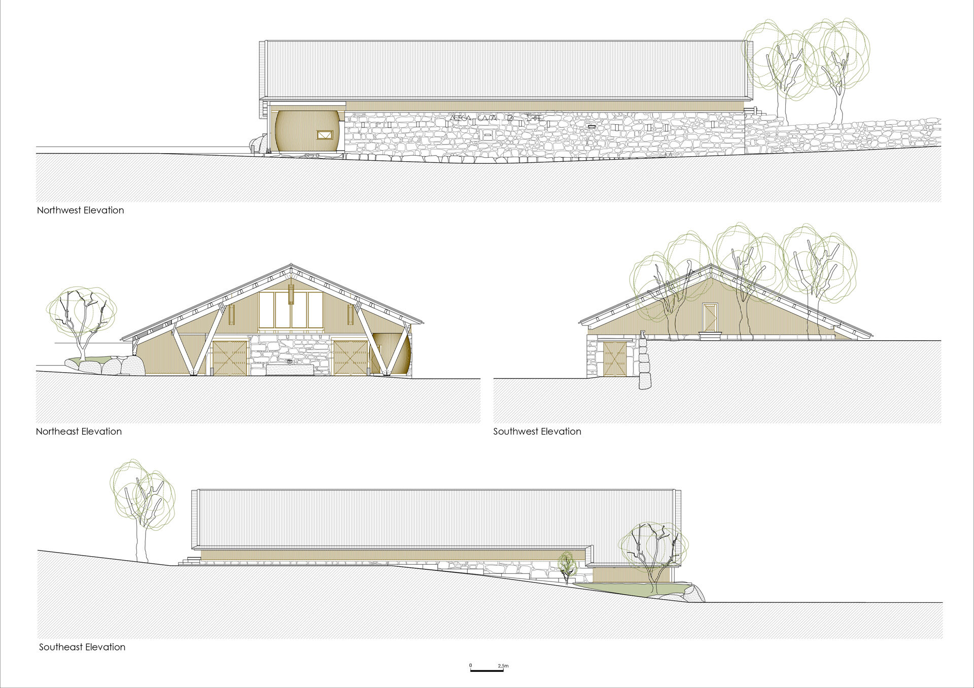 Northeast, Southwest, Southeast elevation