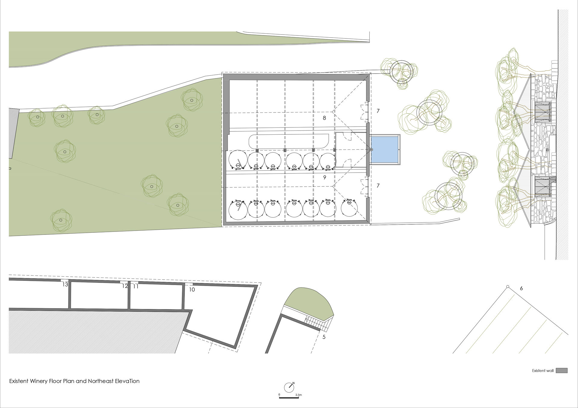 Exis. winery floor plan and N.east elevation