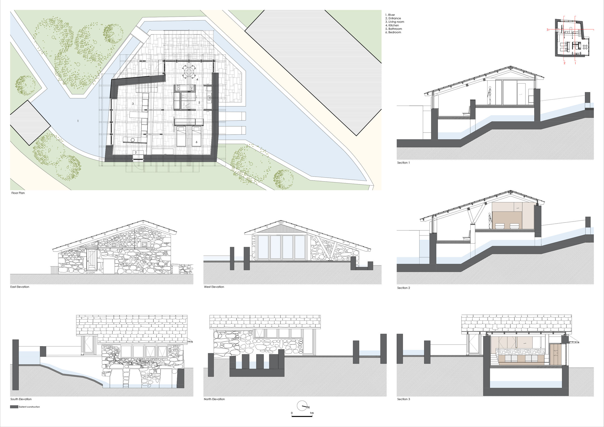 Floor plan, sections and elevations