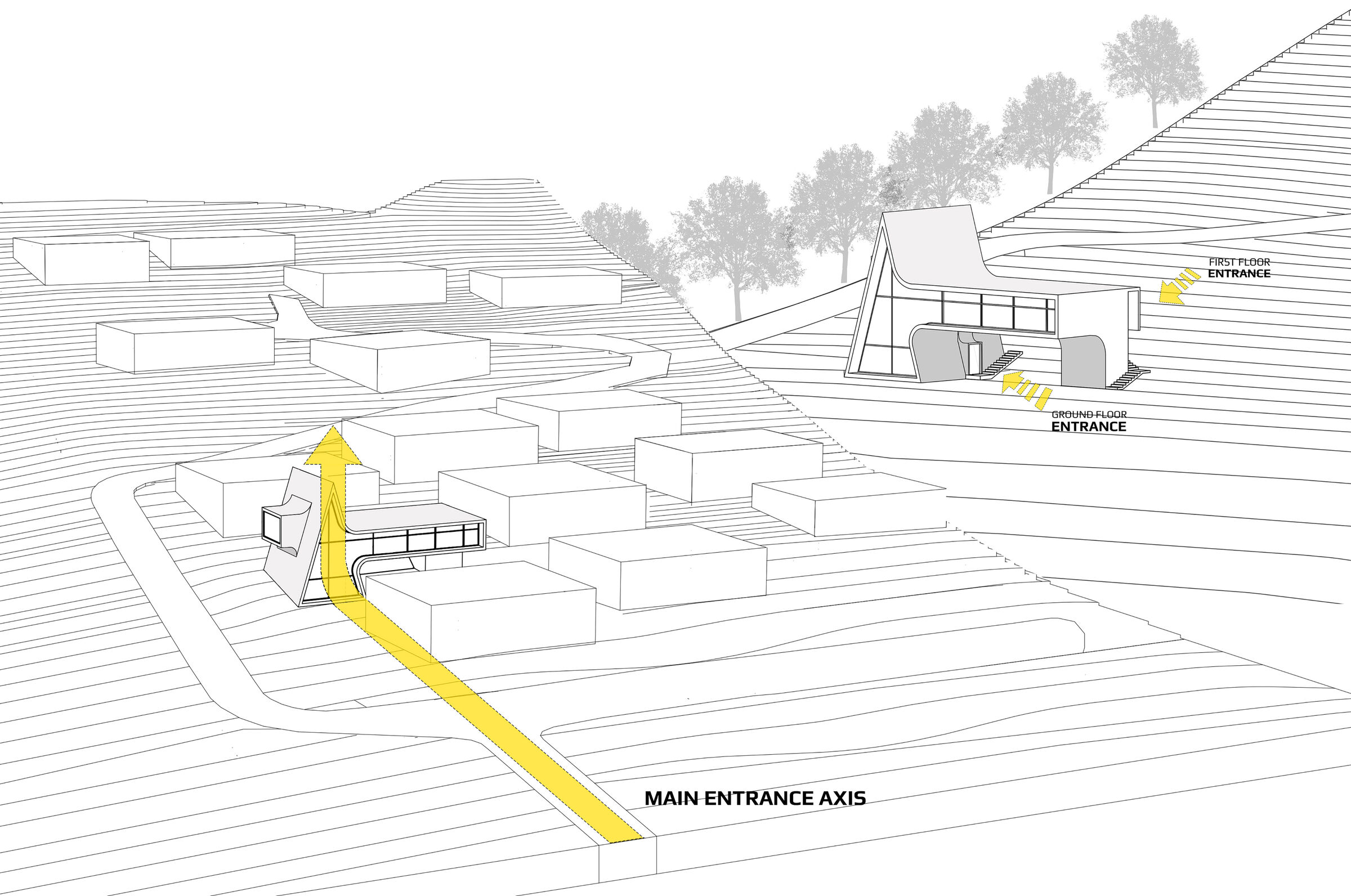 Sited in front of the main entrance, the triangular hut-shaped facade emphasizes the axis of approach. Madjdabadi gradually distorts and elongates the recognizable archetypal form, growing two volumes