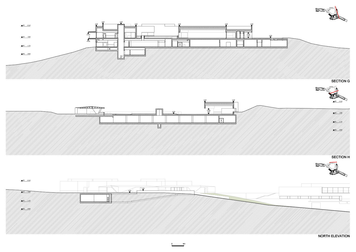 Section G, H and North elevation