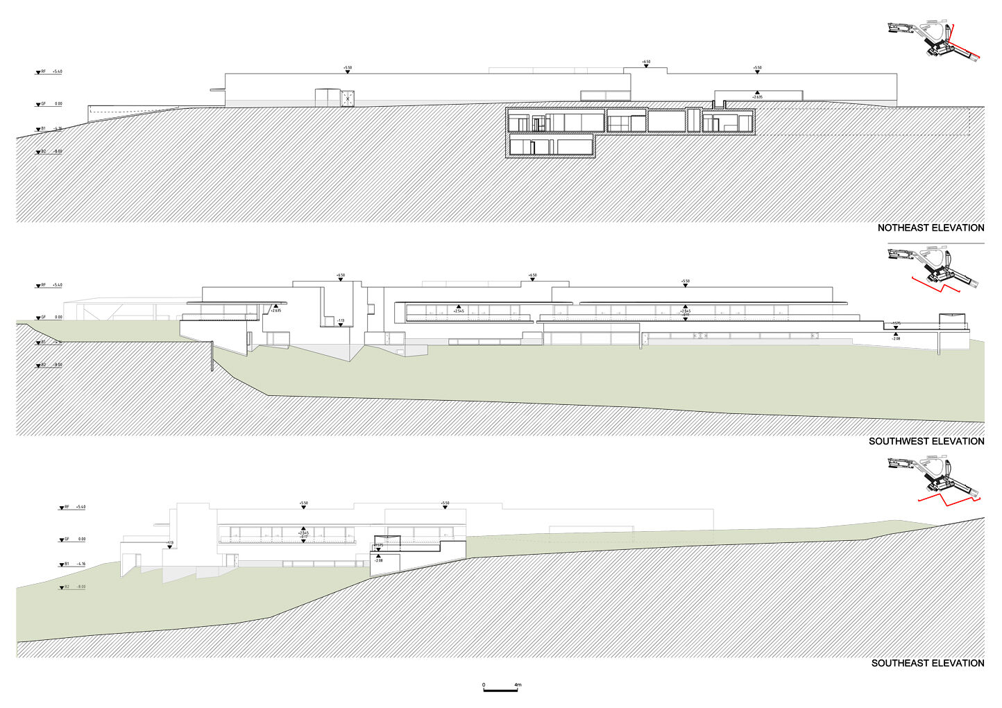 N. East, S. West, S. East elevations
