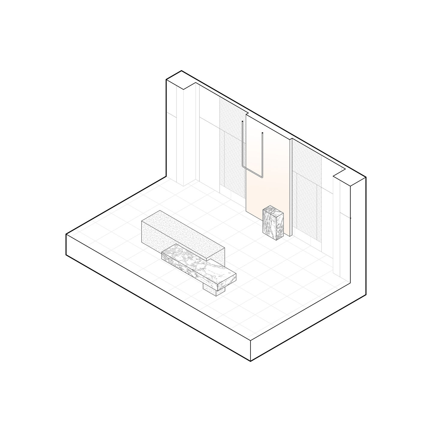 Main product display plinth and backlit display scenography axonometric drawing
