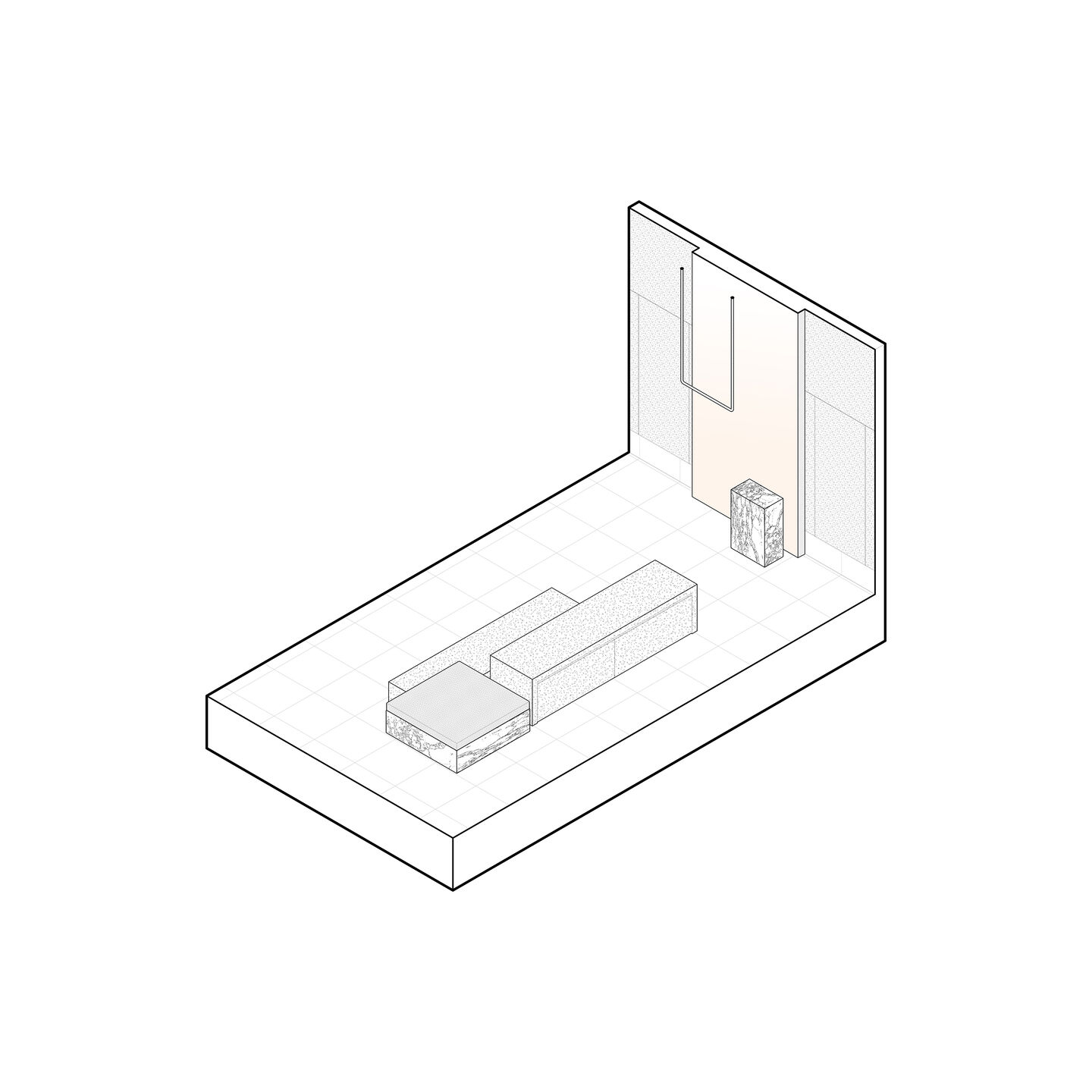 Backlit product display scenography axonometric drawing