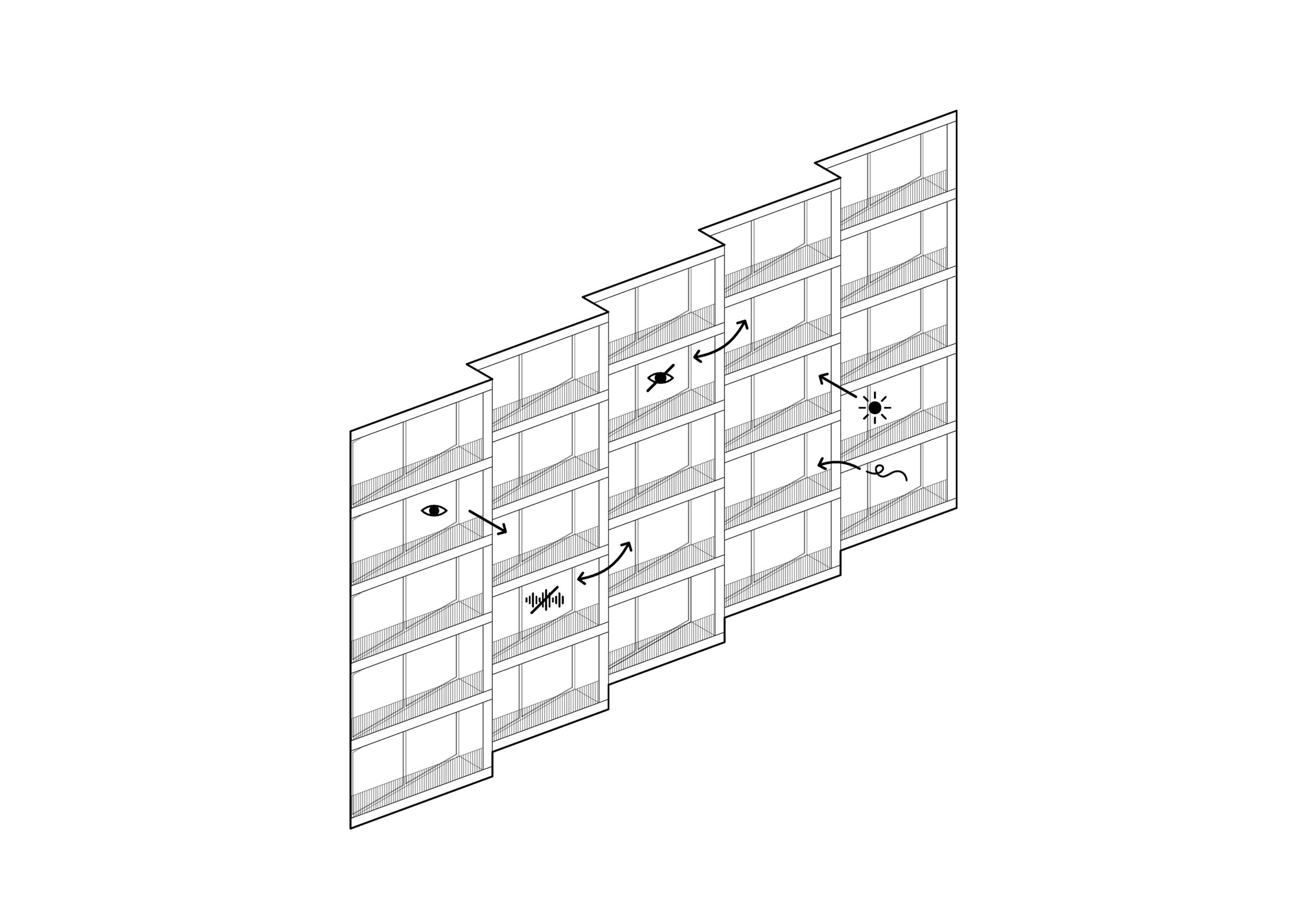 In one stroke, the sequence of jagged balconies creates the sheltered outdoor spaces for the new C14 residents, maximised daylight entry through the big windows and the building's raw identity.