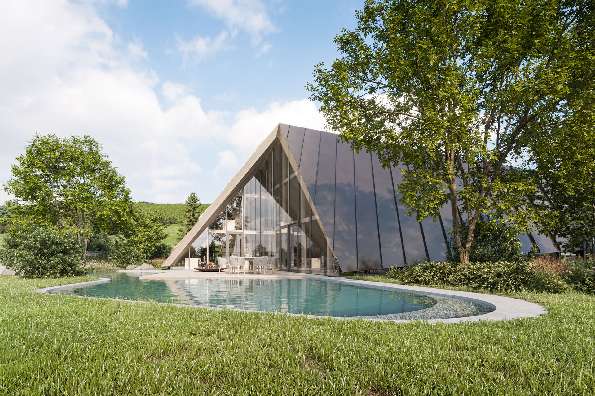An organic pool overflows beside the terrace