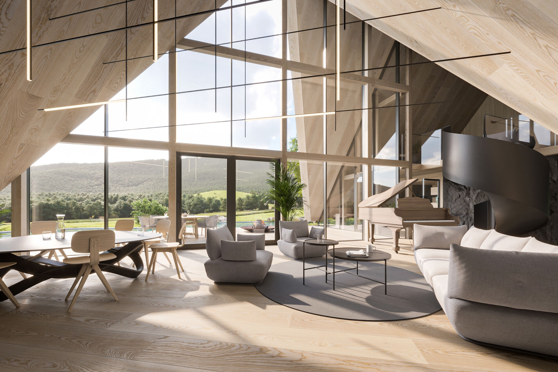 The living room serves as a shelter with a view of the hills.