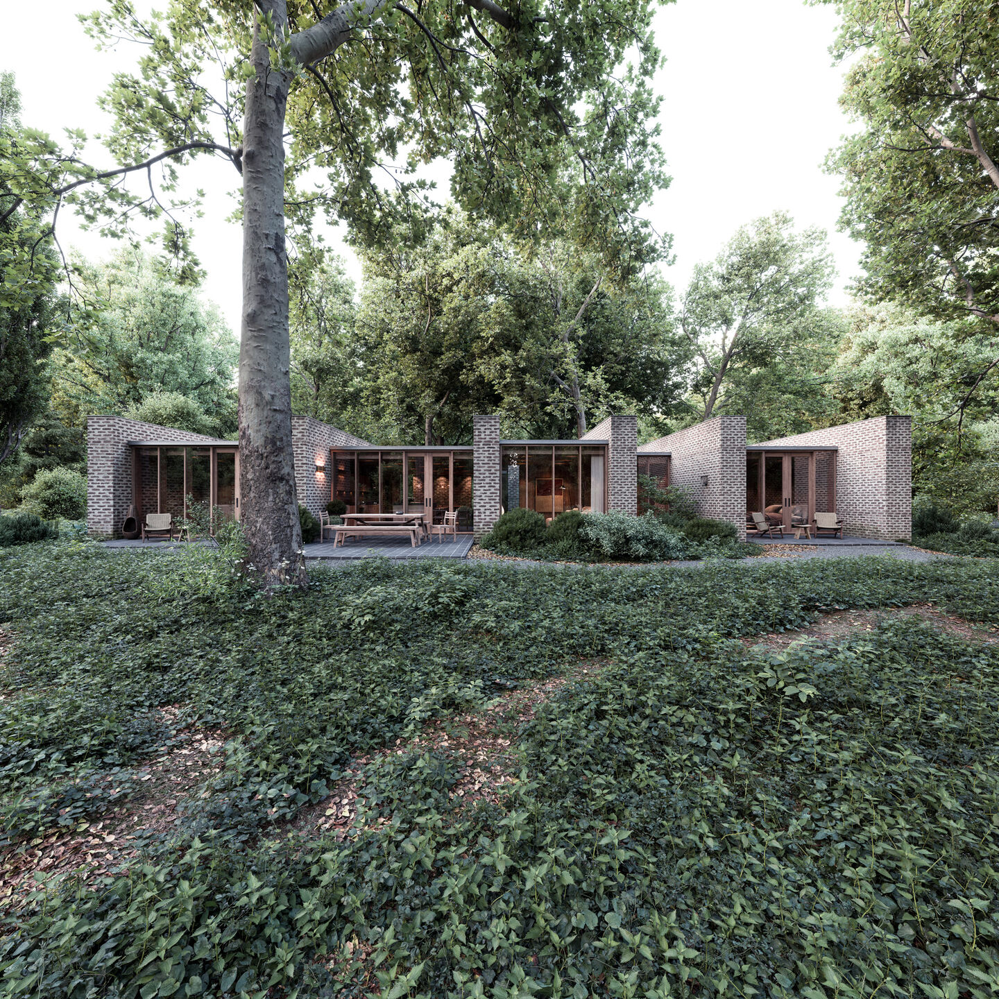 The transparent rear façade opens to a field of evergreen ferns overlooking Wister Creek along the eastern edge of the site