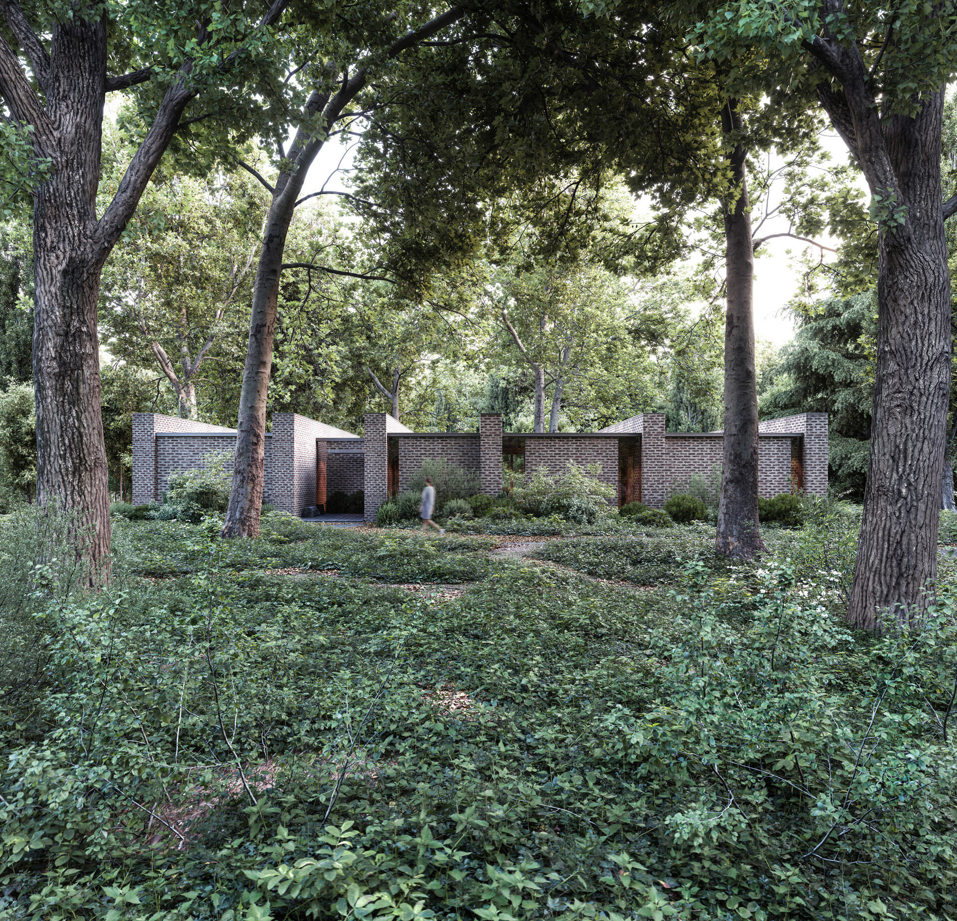 A recess at the front façade forms a sheltered entry, while slot windows frame views and preserve privacy