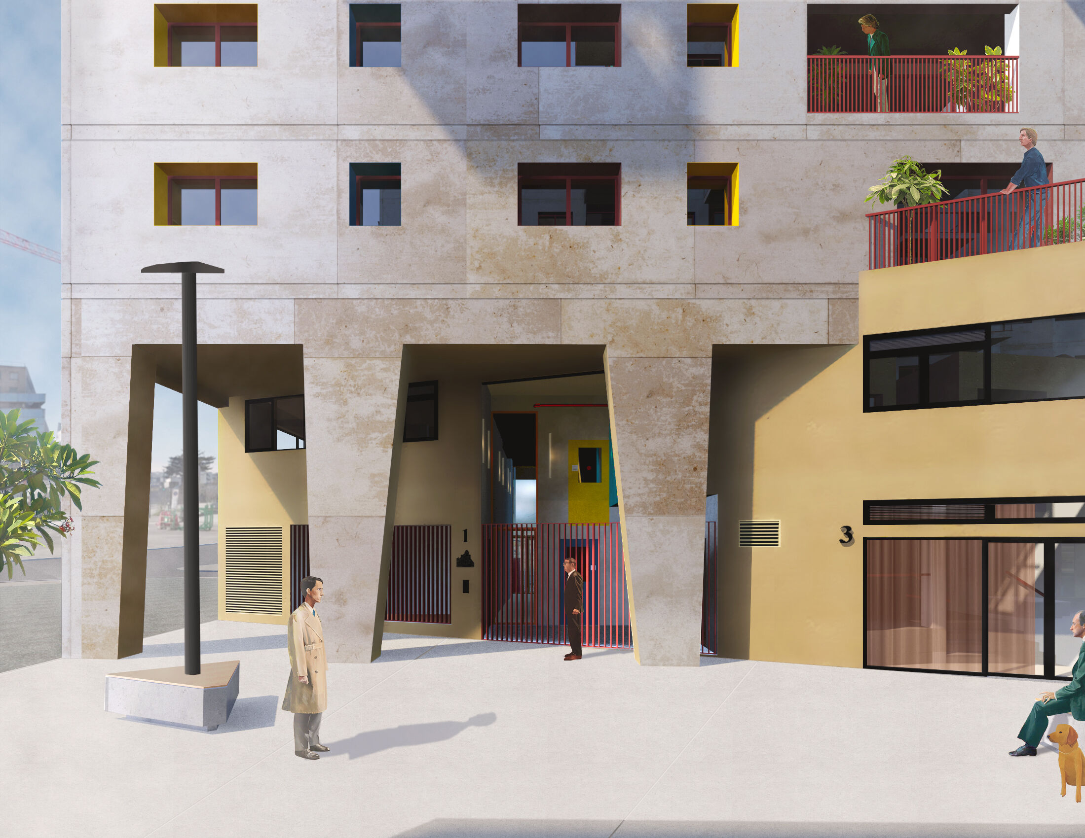 Both newly created pedestrian alleys, are paved in beige deactivated concrete, and lined with five benches per alley, each bench shaped like the footprint of one of the surrounding buildings and integrated with lighting.