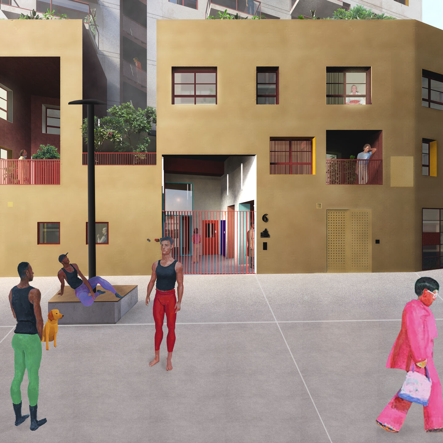 The two newly created pedestrian alleys, are paved in beige deactivated concrete, and lined with five benches per alley, each bench shaped like the footprint of one of the surrounding buildings and integrated with lighting.