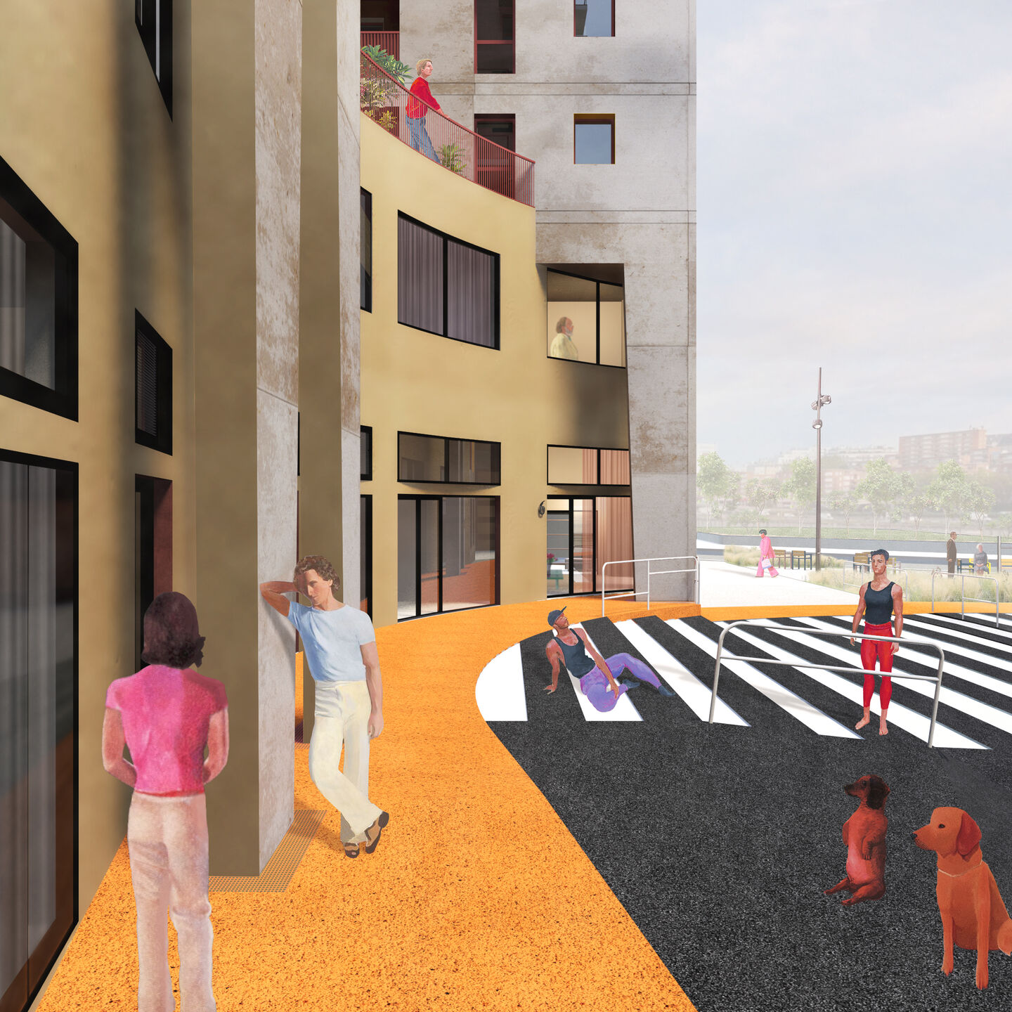 The security zone around each geothermal wellhead — materialised by an orange asphalt oval — shapes the buildings in the square.
