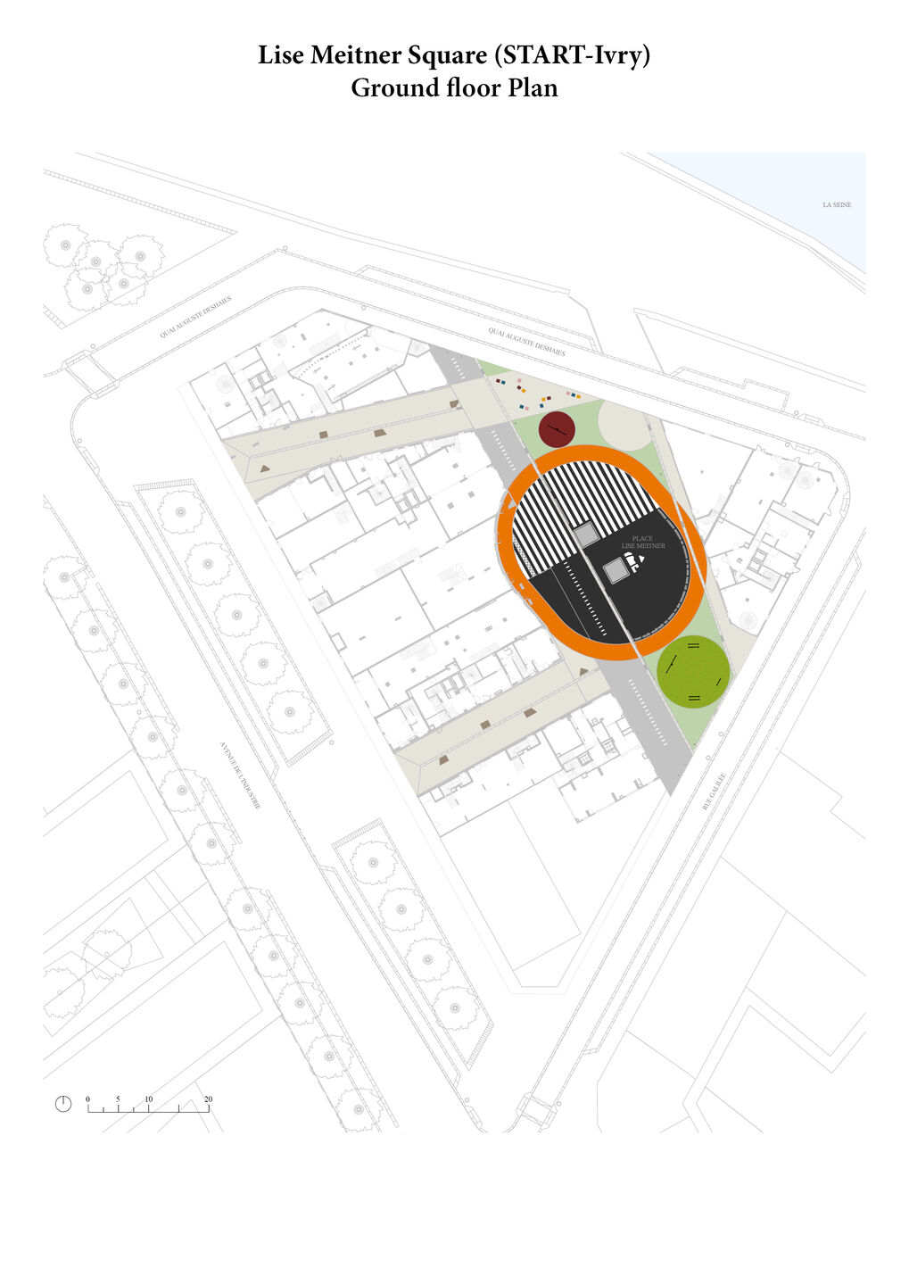Lise Meitner Square - ground floor plan. Its triangular form connects it to neighbouring public areas, while the two newly created pedestrian link the square to the main avenue.