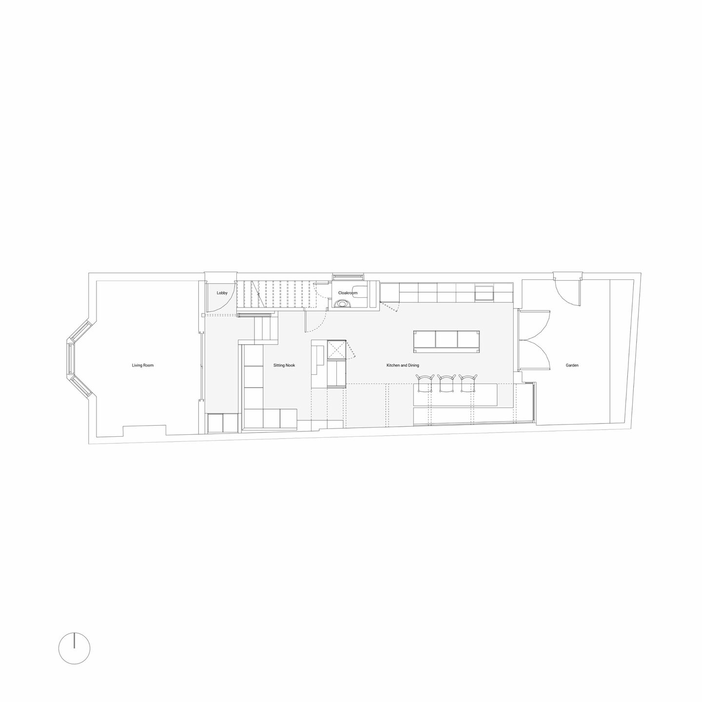 Proposed ground floor plan showing the restructured layout with the extension and sunken snug.