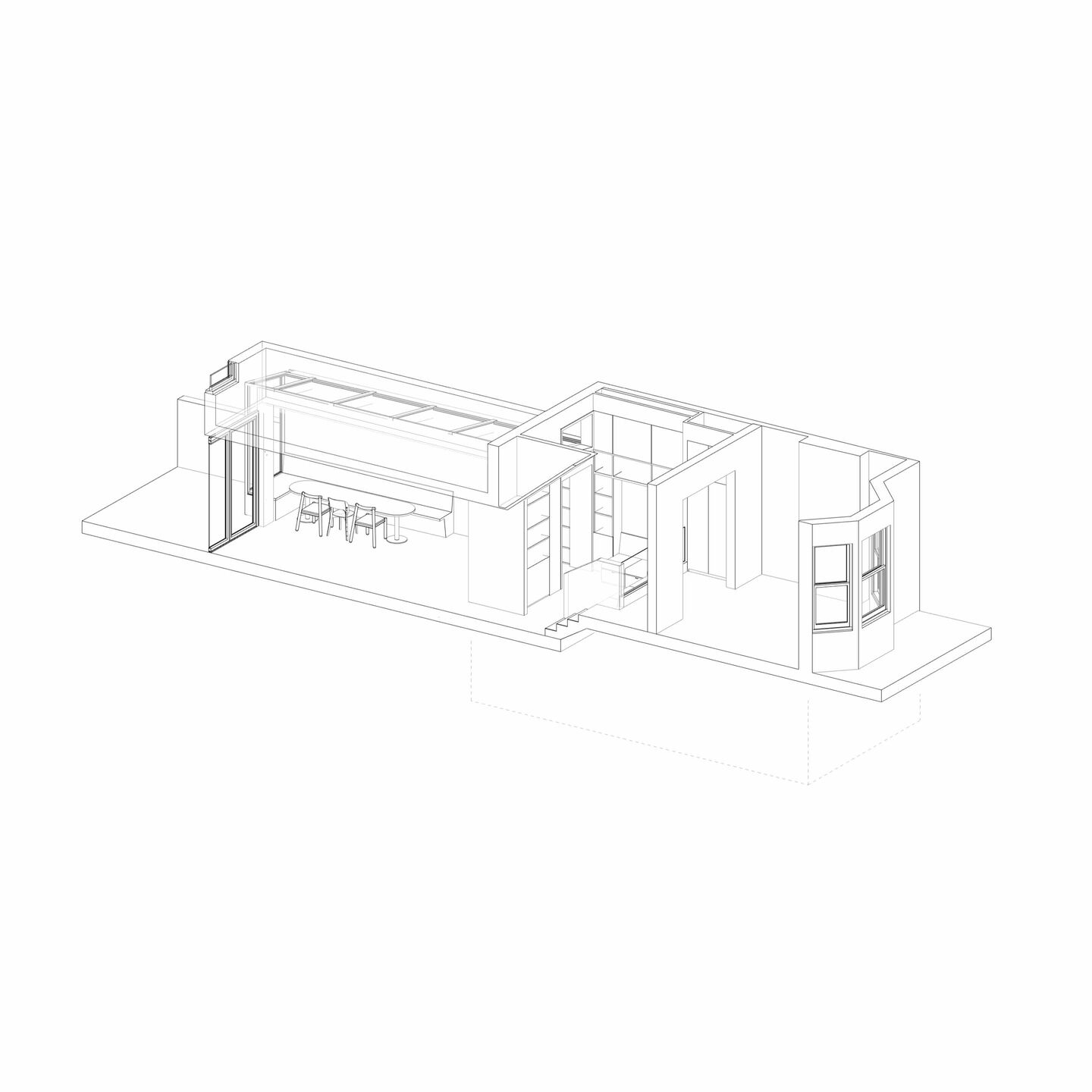 Axonometric view of the new side extension, projecting into the garden with a seating nook, and the sunken reading nook with soft seating.