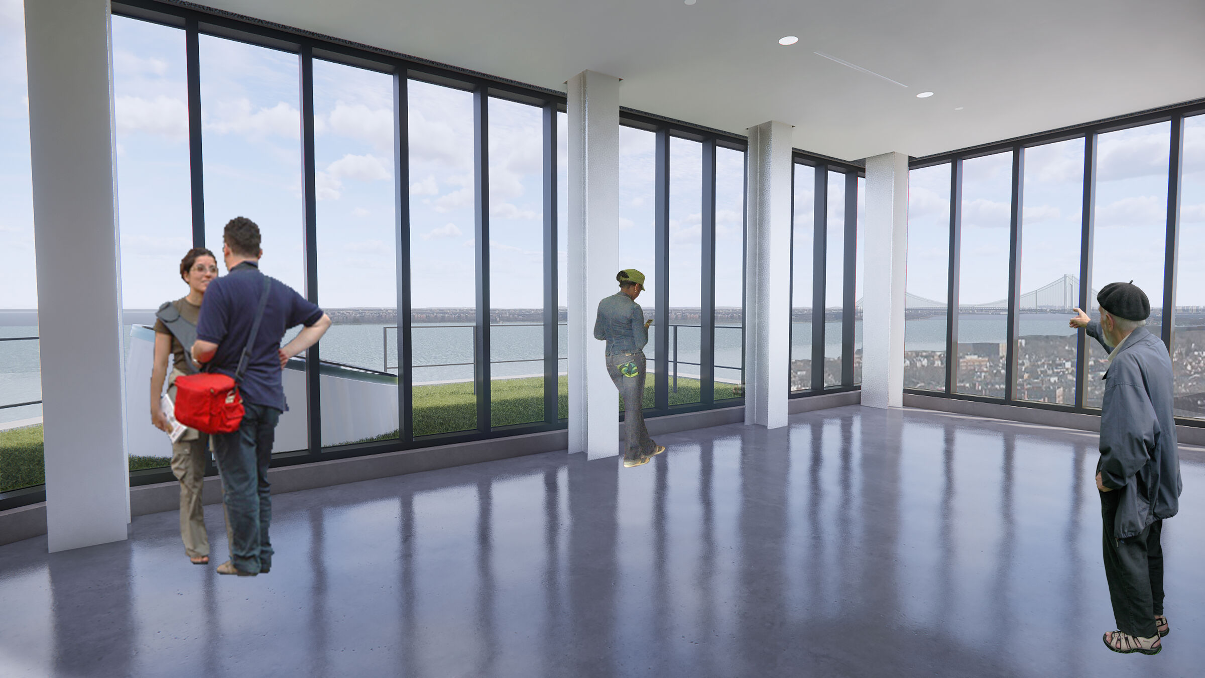 second floor lobby overlooking the harbor