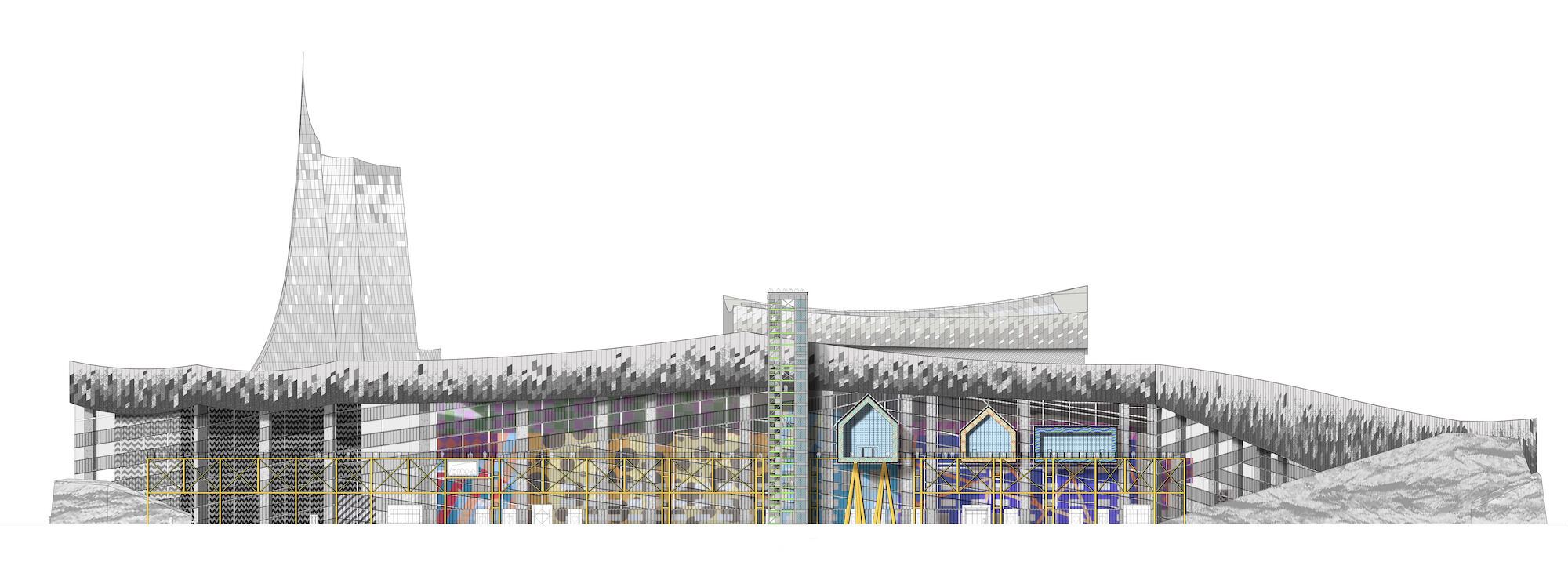 Elevation Drawing illustrating Museum of Waste programs protrucing through facade veil over industrial components.