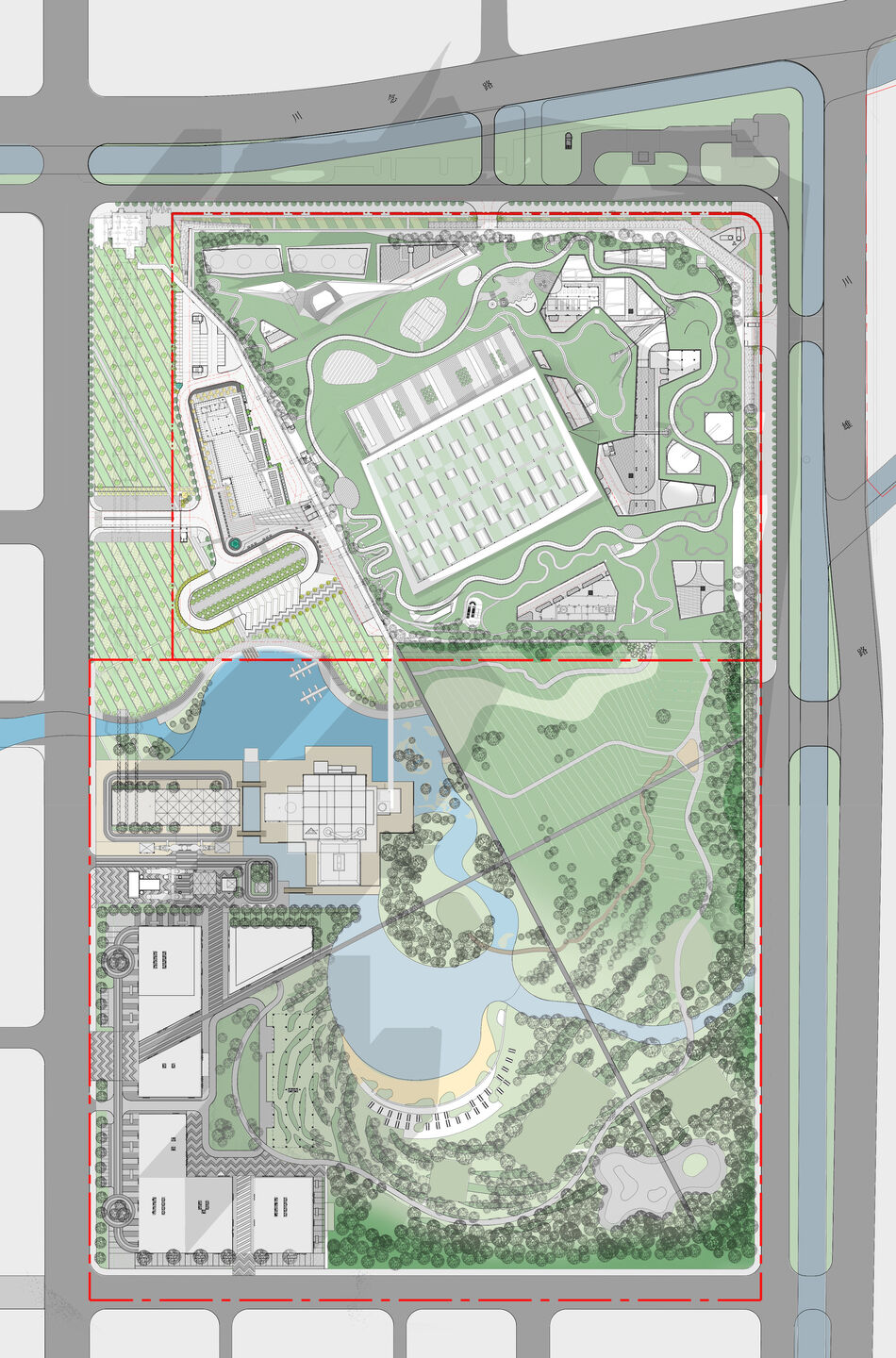 Master plan roof view illustrating the extent of parkland coverage across the site and the unprecedented green roof over the sanitation-center facilities.
