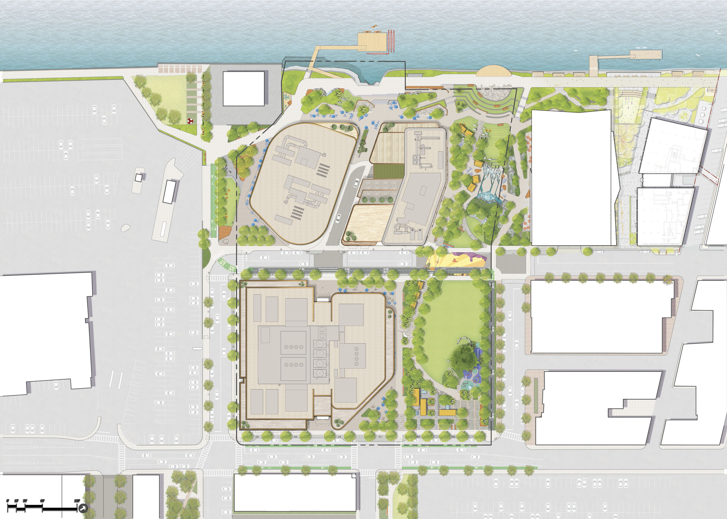 This landscape masterplan showcases a comprehensive urban design for commercial, recreational, and civic spaces along a waterfront edge.