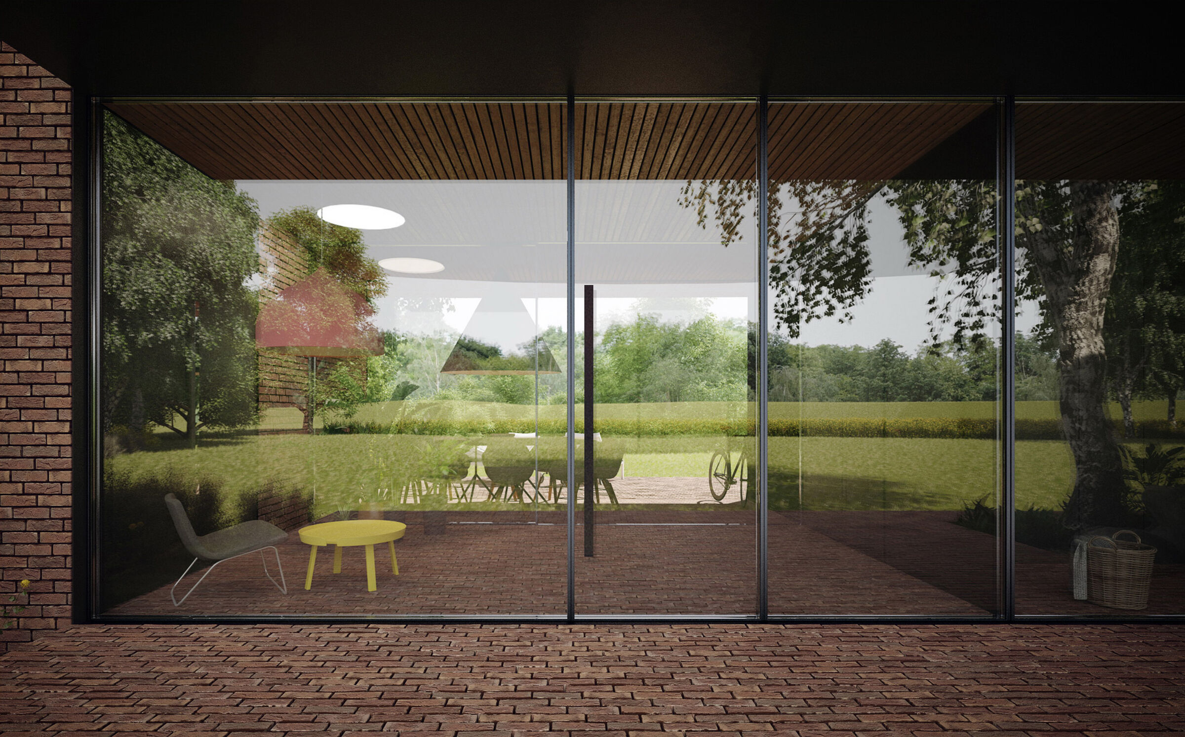 family part and guest part, connected by a shared hall and a covered terrace.