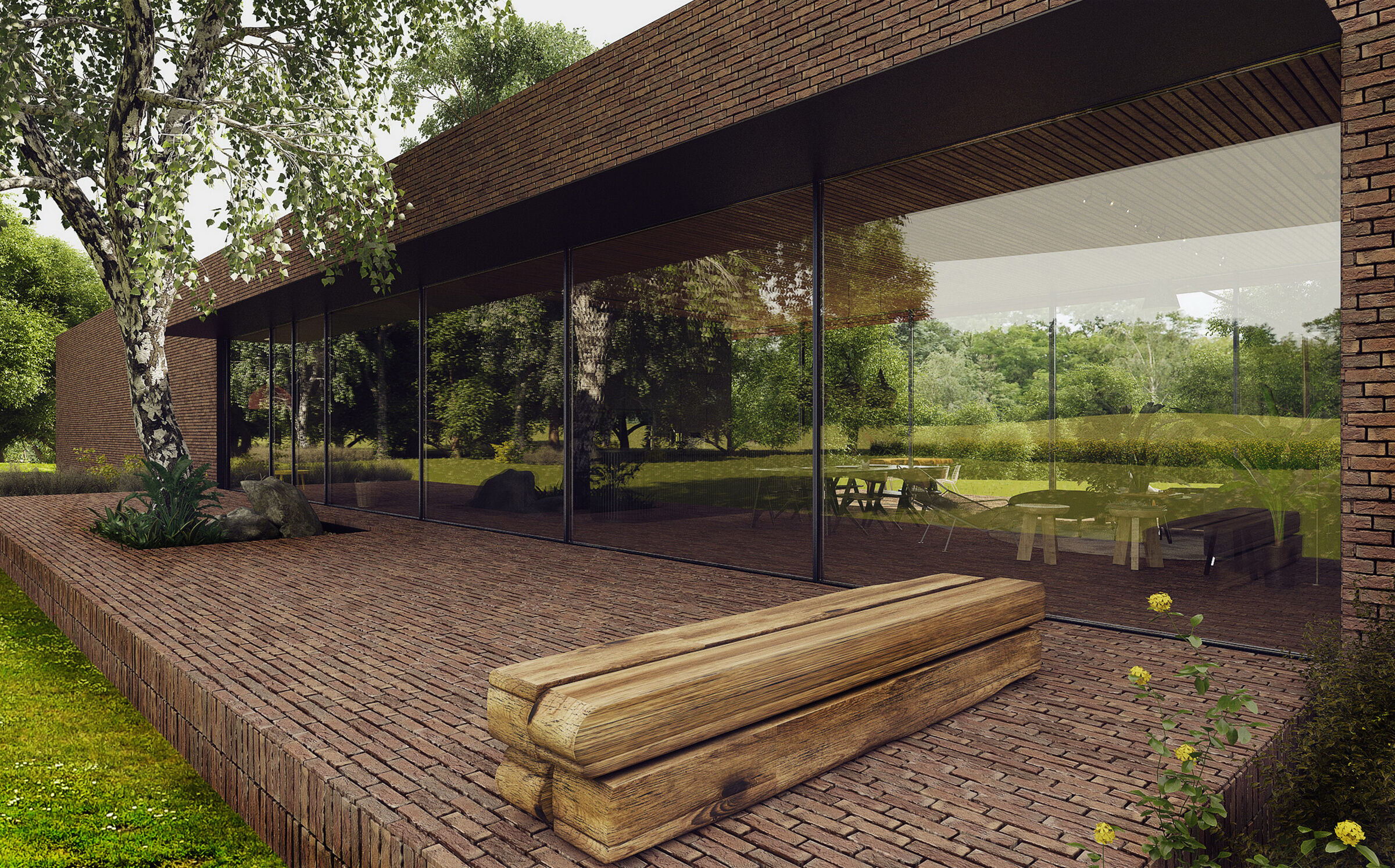 An elongated brick rectangle, placed on a hill by the lake, creates a horizontal line that frames the landscape through centrally placed, double-sided glazing.