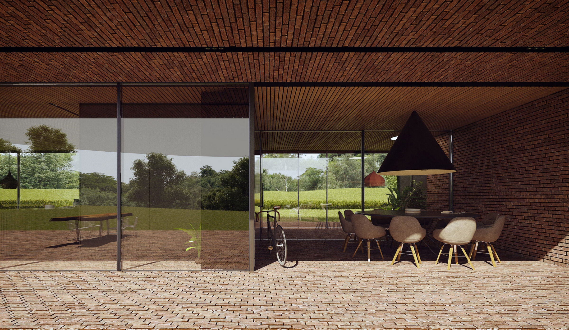 family part and guest part, connected by a shared hall and a covered terrace.