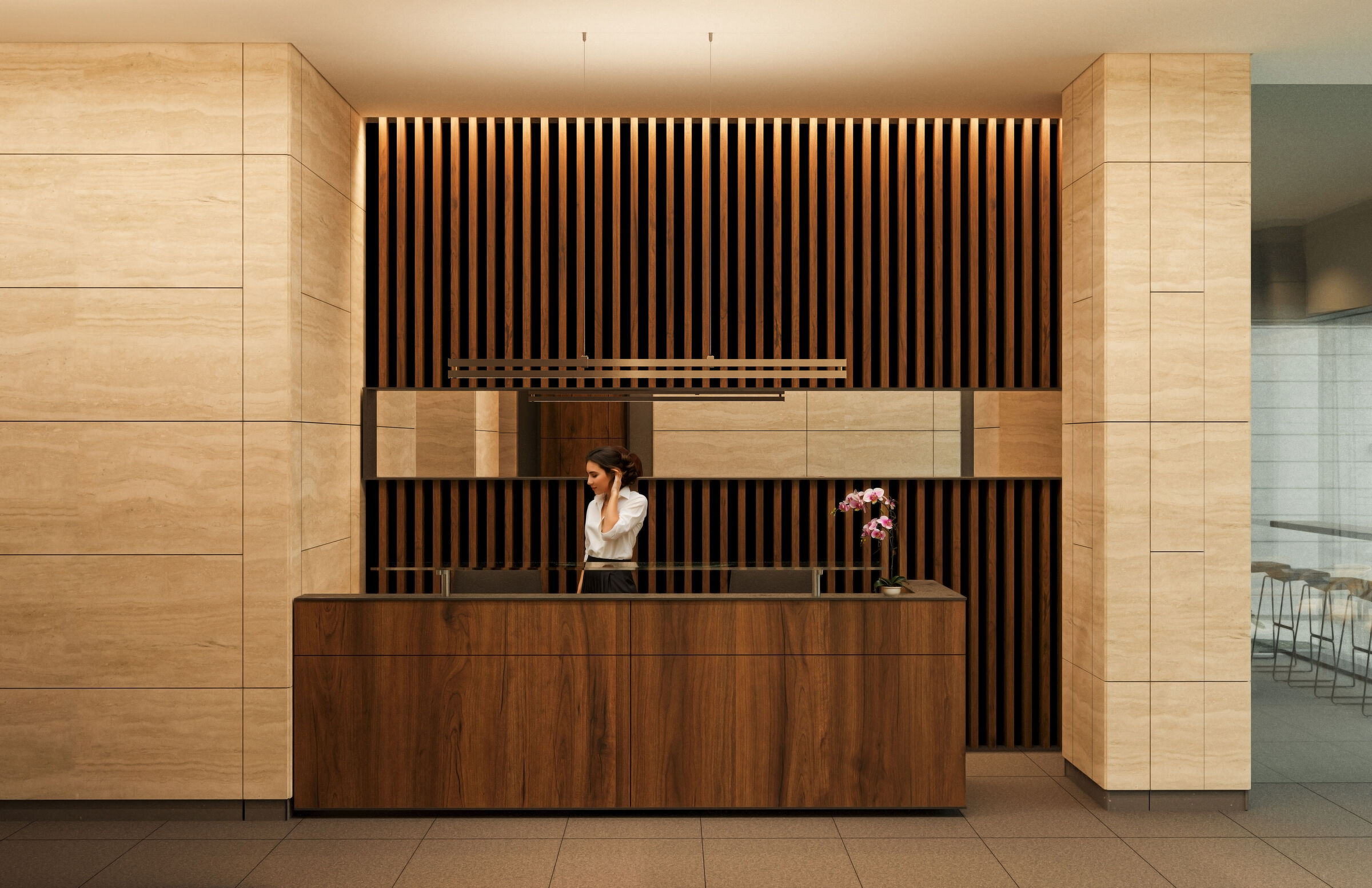 Front desk, warm color palette