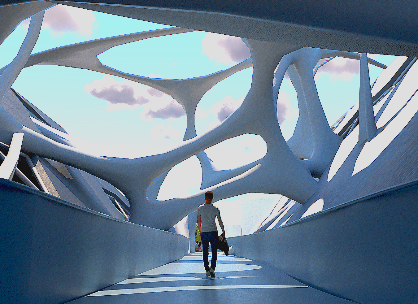 Walk through the pedestrian deck to the entrance of the building.