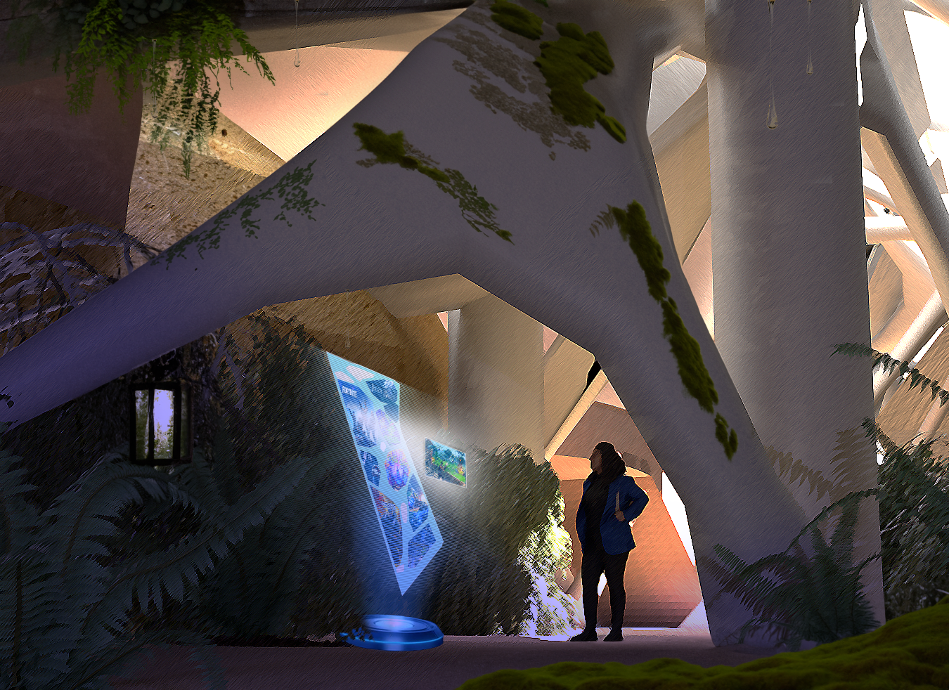 Plants and the sound of dripping water accentuates the mysterious atmosphere in the entrance area. The signage tells guests not only a direction but also an attraction recommendation.