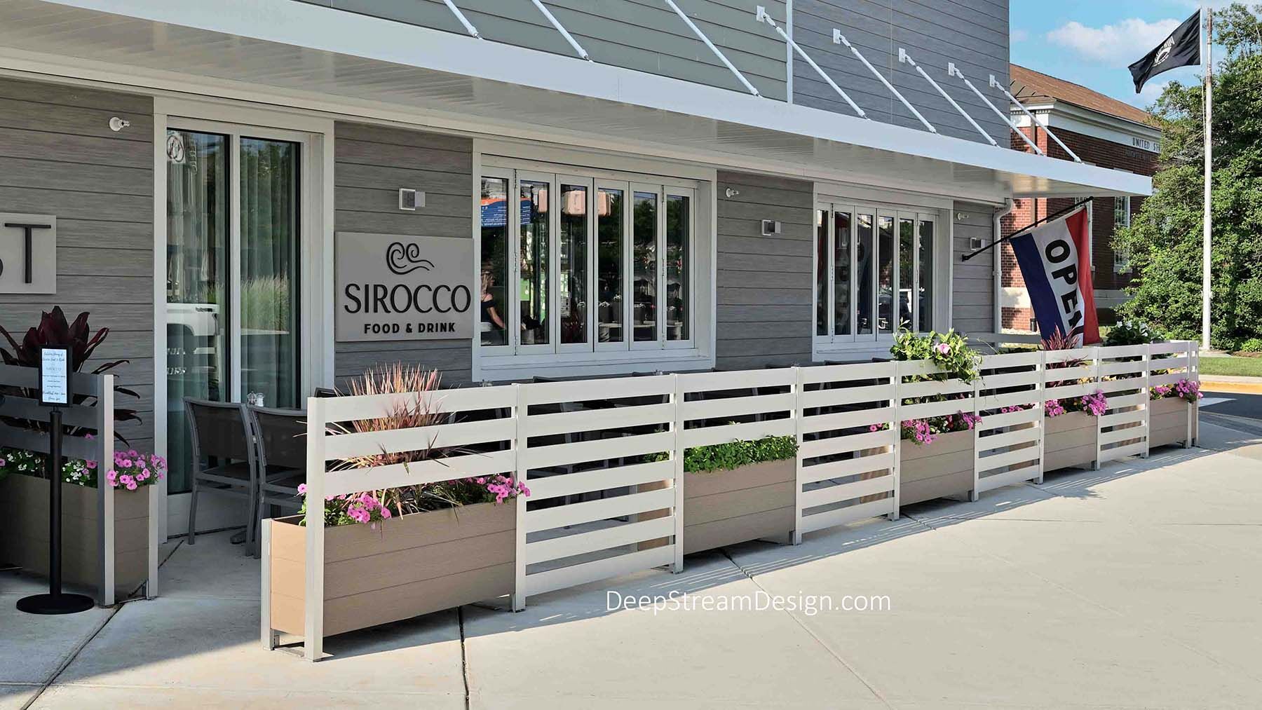 Cost effective Multi-section Modern Restaurant Planter Screen Wall Barrier for outdoor restaurants.