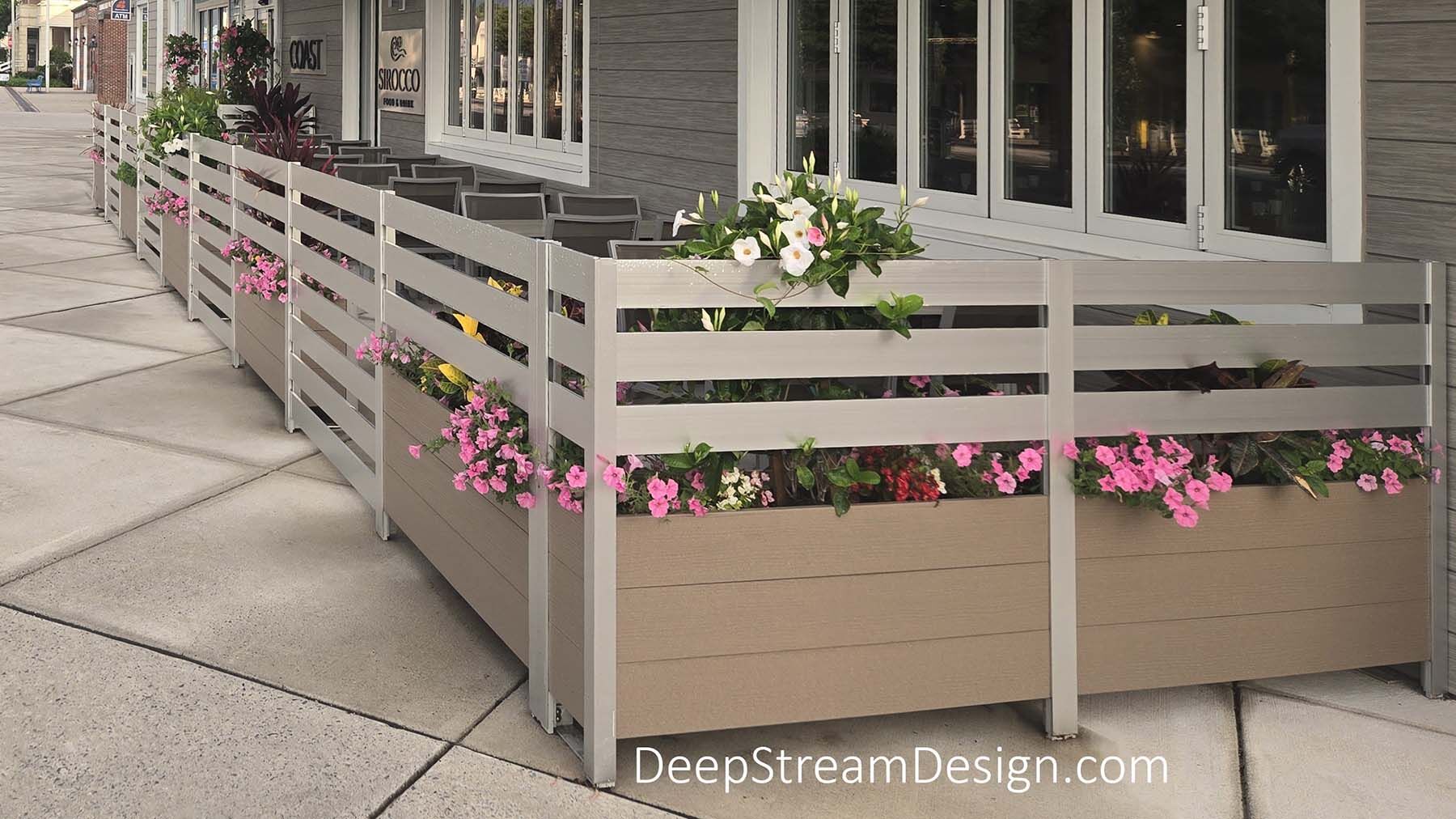 Custom, Modern Restaurant Planter Screen Wall Barrier hand crafted in America with low maintenance recycled plastic lumber and anodized aluminum frame with internal plastic liner with advanced drainage. Lifetime Structural Warranty.