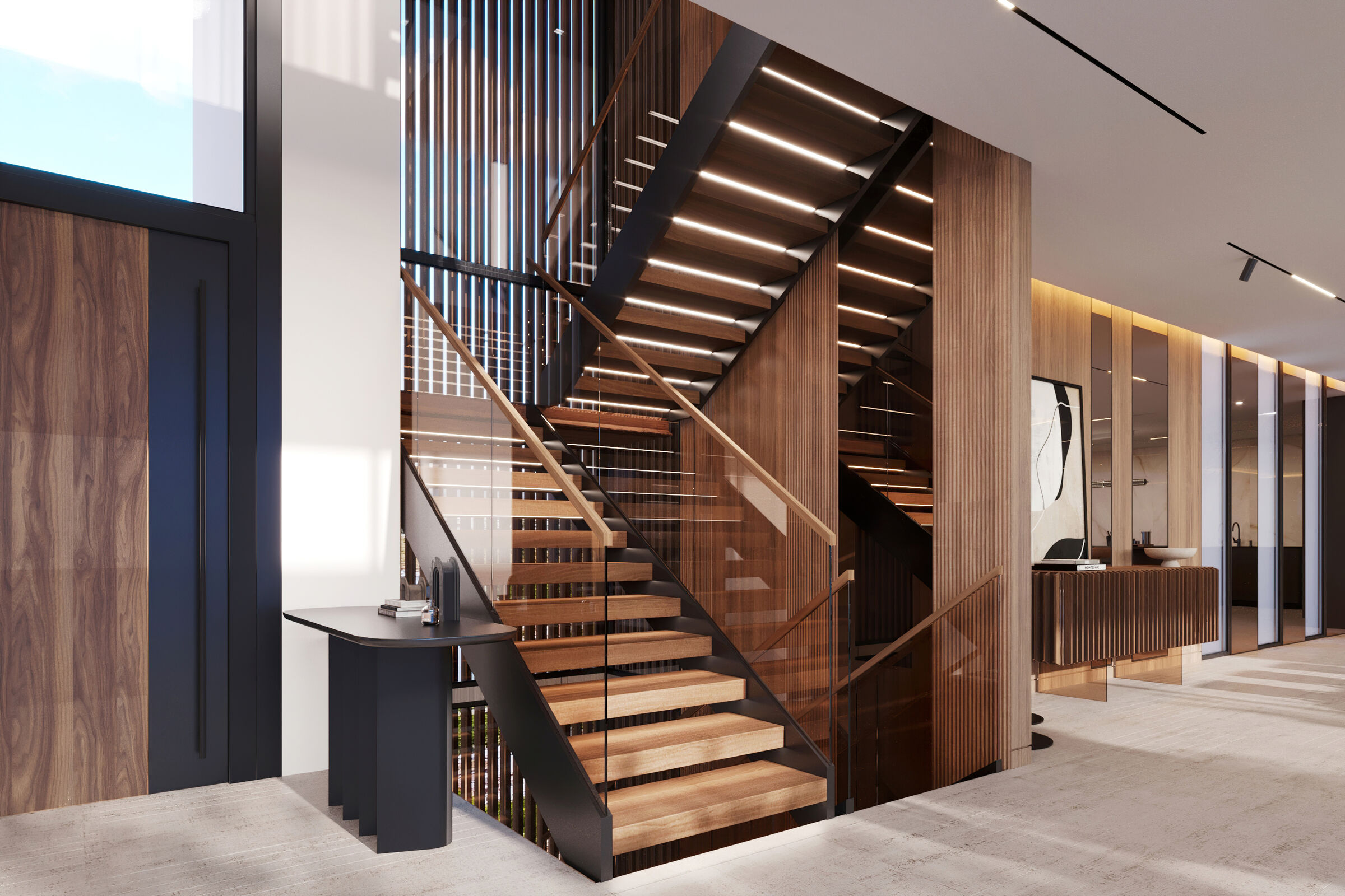 Modern Entryway I Wooden & Glass Staircase