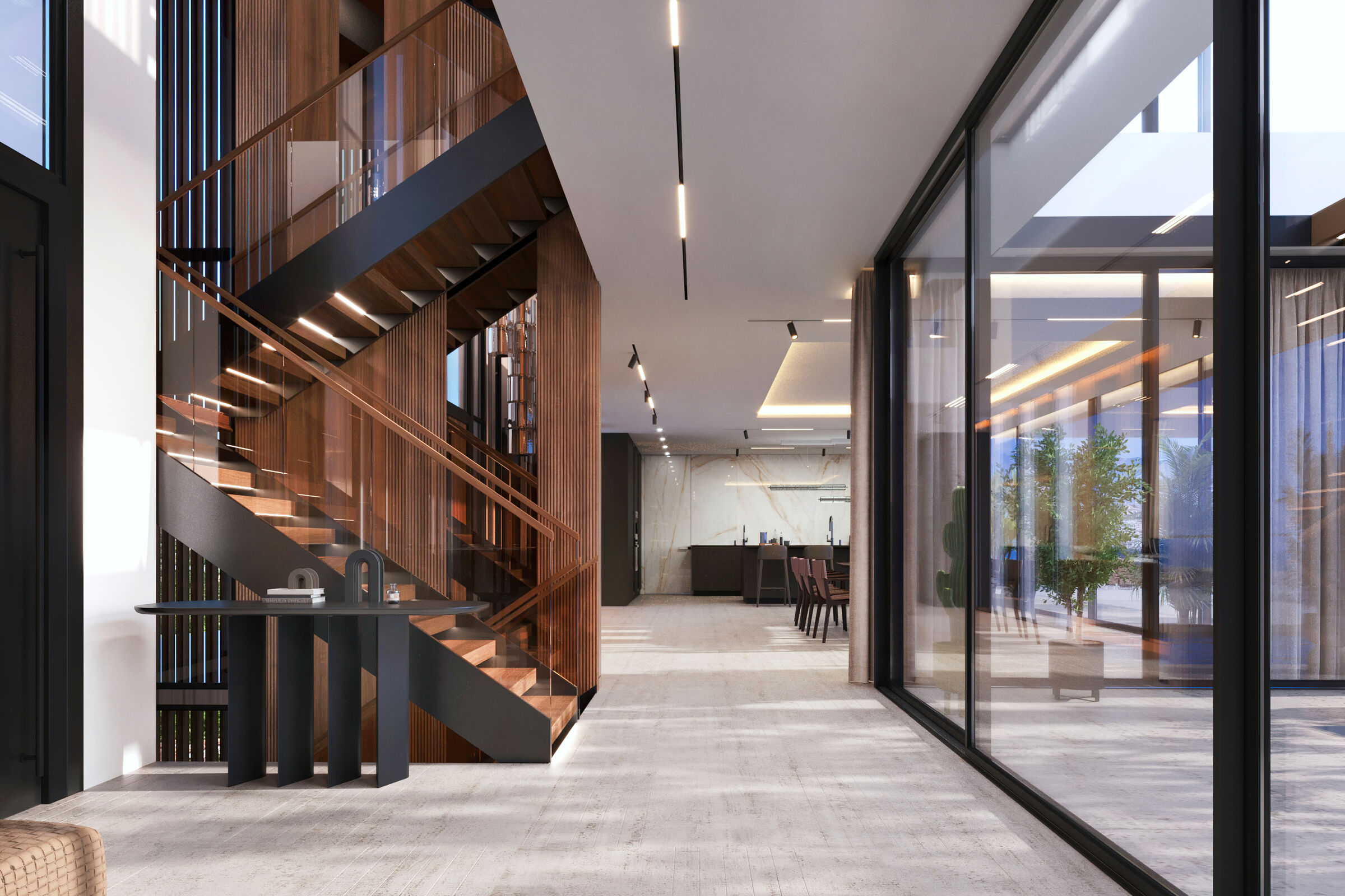 Modern Entryway I Wooden & Glass Staircase