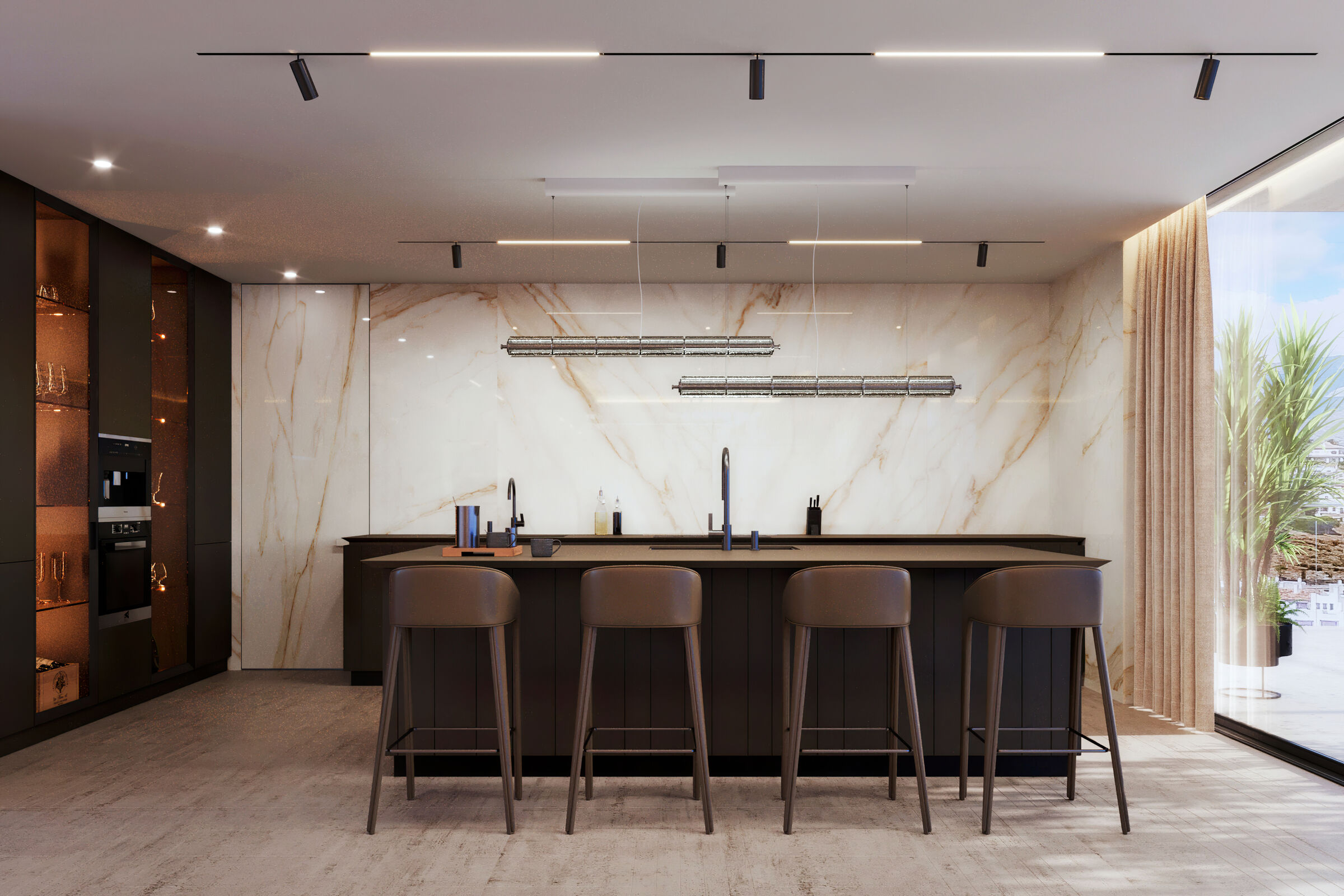 Minimalist Modern Kitchen I Marble Backsplash & Glass Cabinets