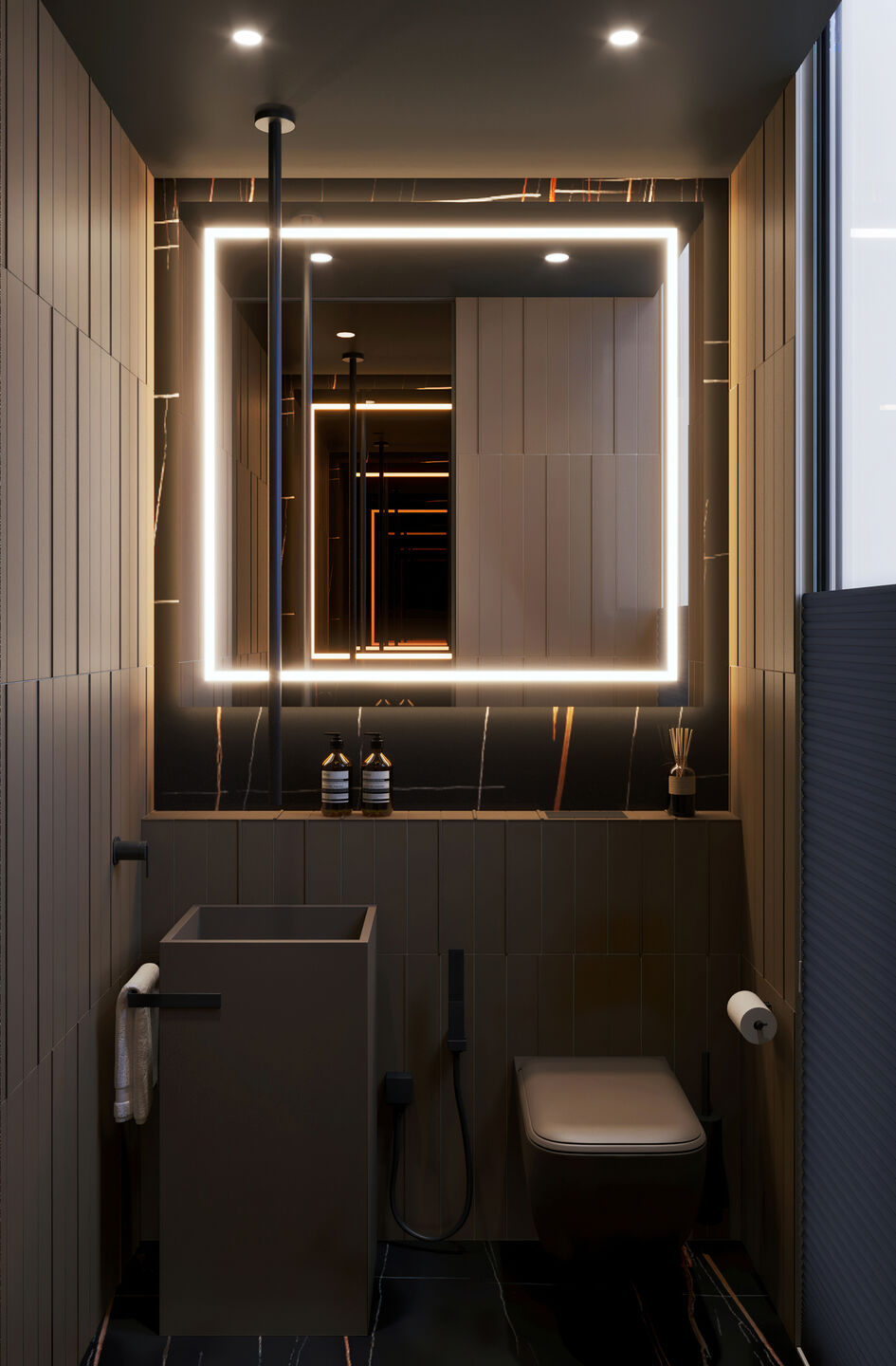 Dark Powder Room I Gessi Ceiling Faucet & Sahara Noir Marble