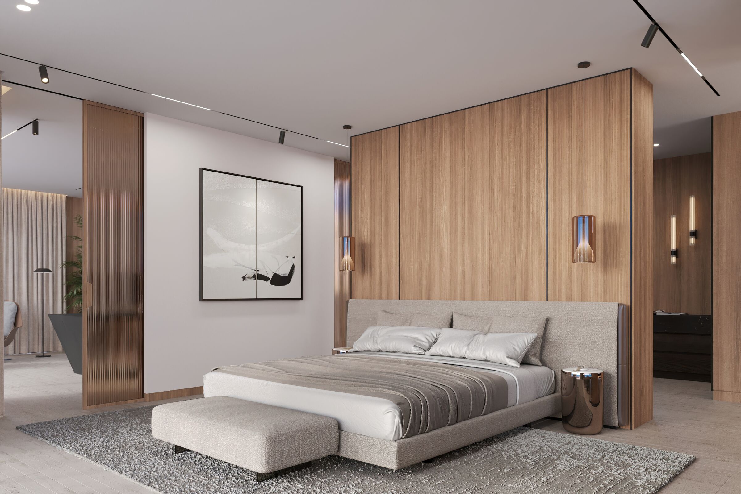 Warm Minimalist Master Bedroom I Wood Paneling